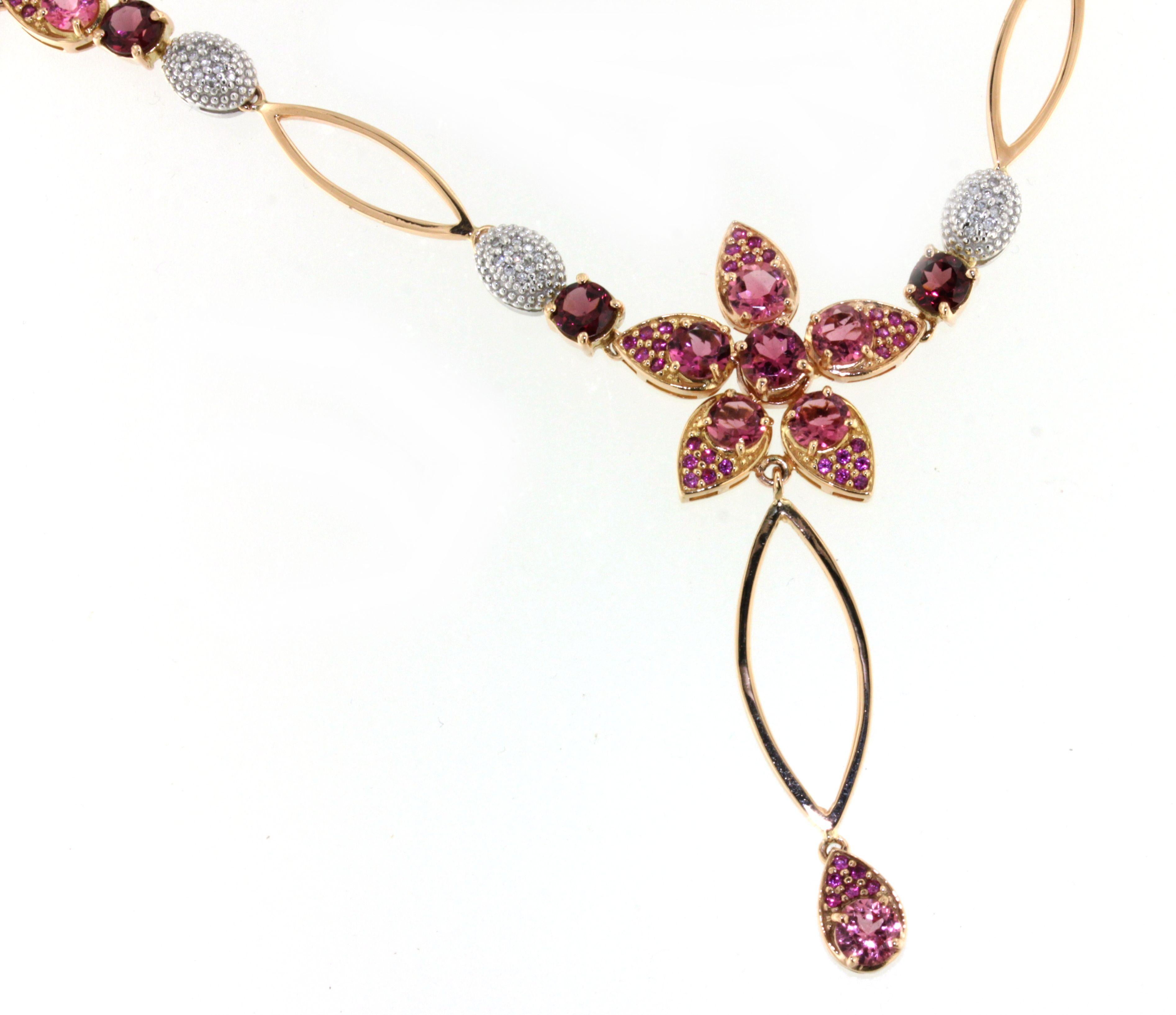 18 Karat Rose and White Gold with Pink Tourmaline and White Diamond Necklace For Sale 5