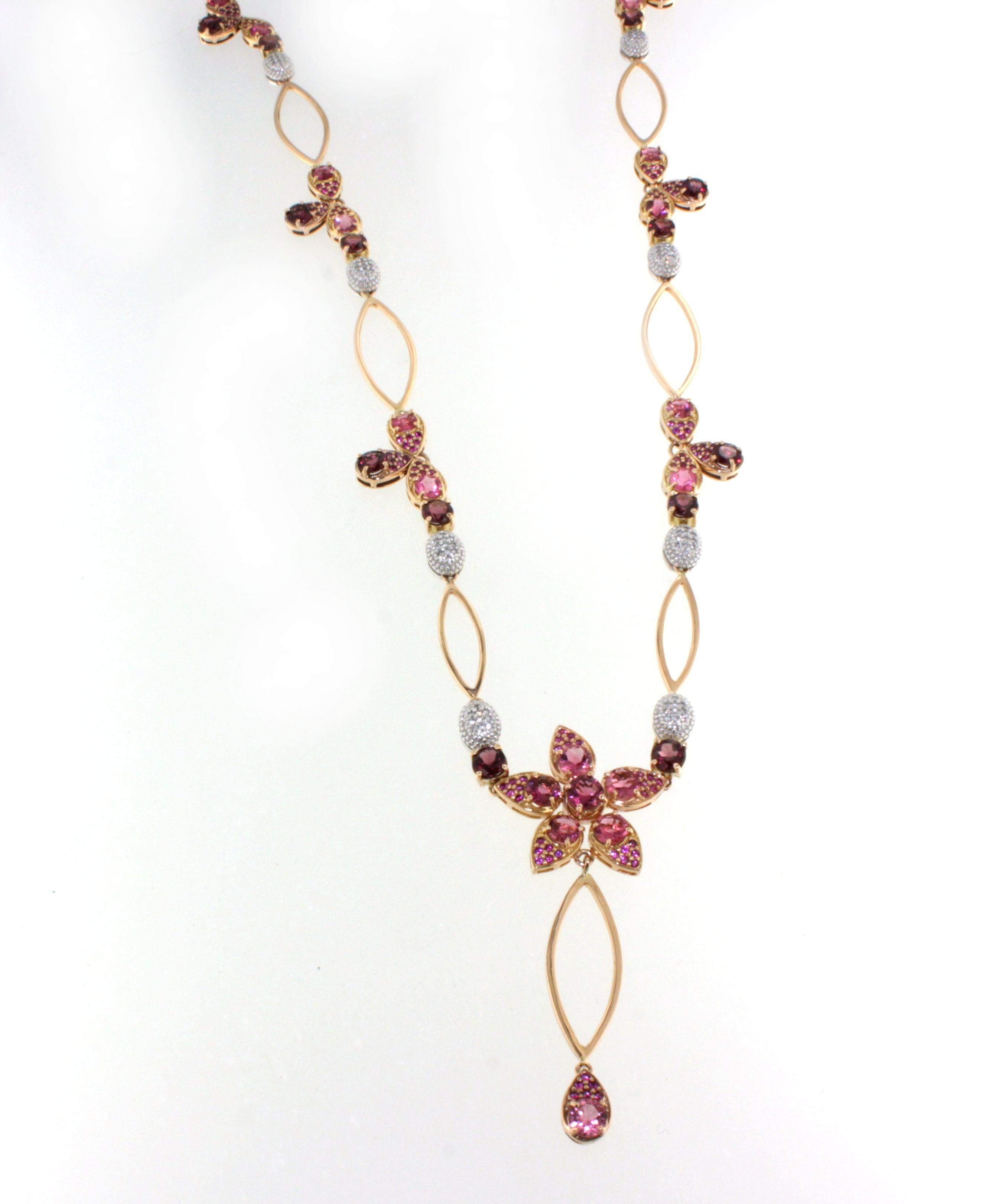 18 Karat Rose and White Gold with Pink Tourmaline and White Diamond Necklace For Sale 6