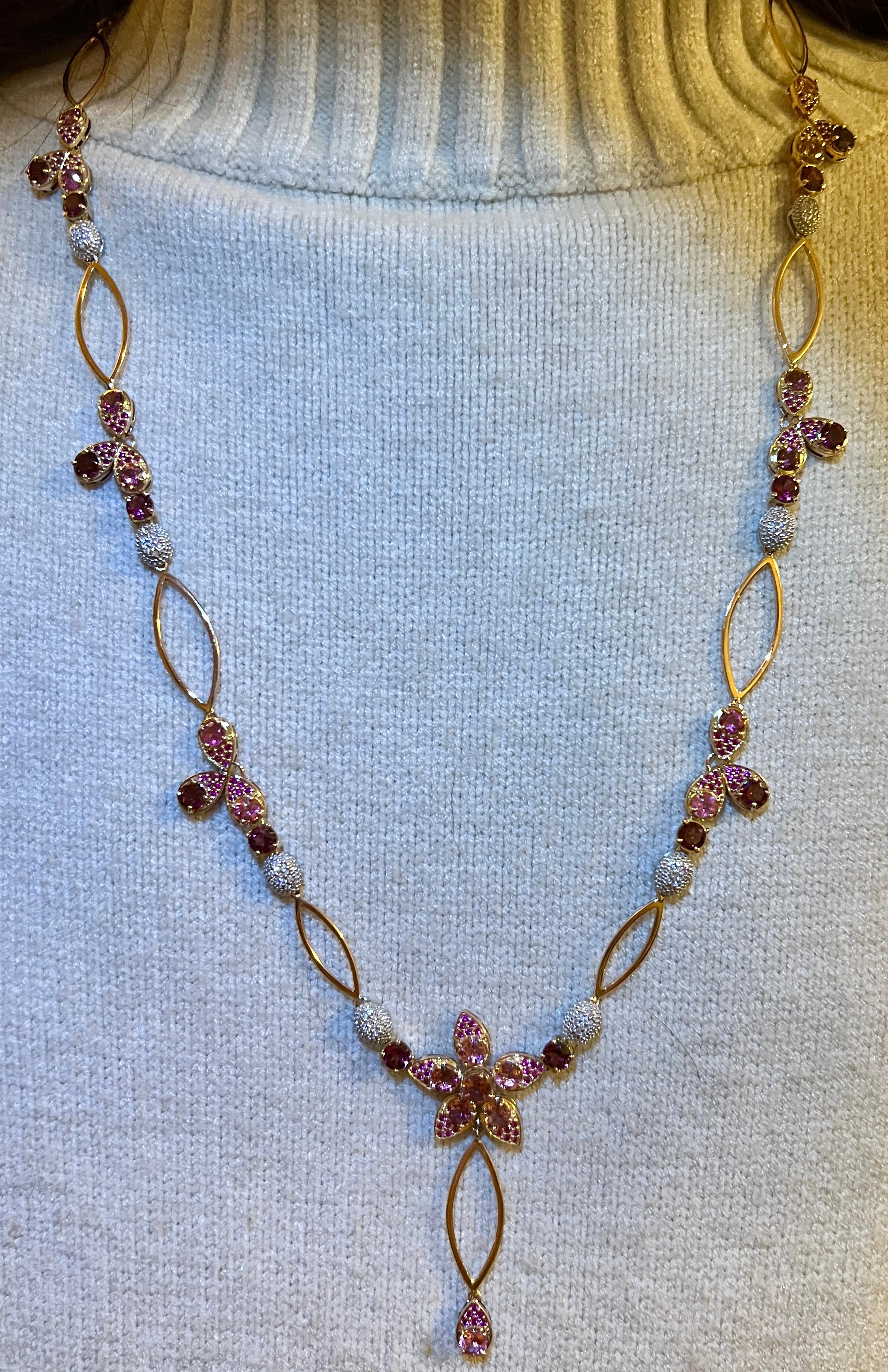 18 Karat Rose and White Gold with Pink Tourmaline and White Diamond Necklace For Sale 7
