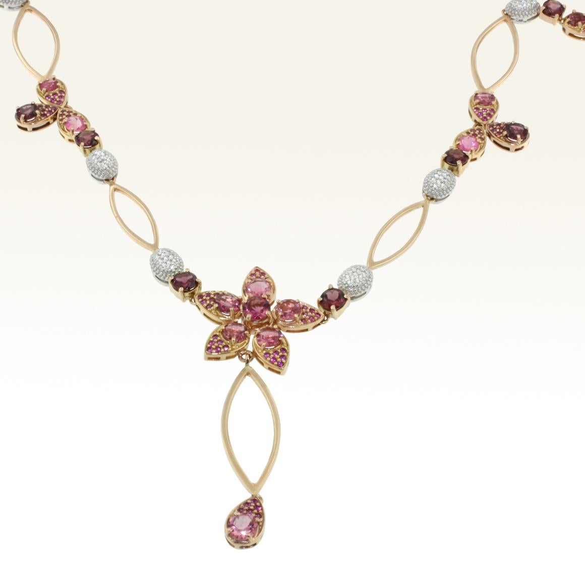 Modern 18 Karat Rose and White Gold with Pink Tourmaline and White Diamond Necklace For Sale