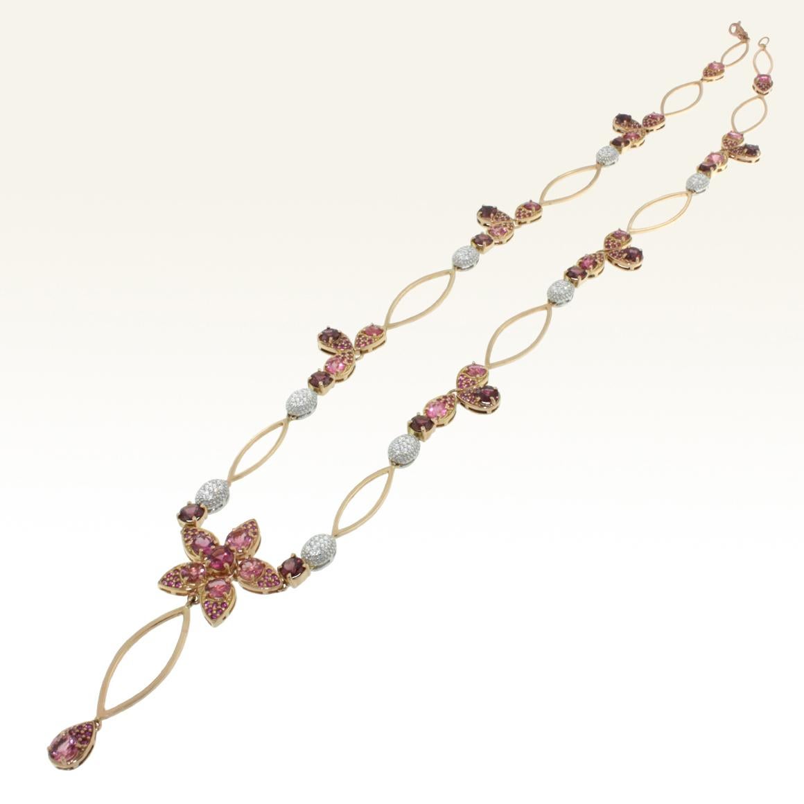 Round Cut 18 Karat Rose and White Gold with Pink Tourmaline and White Diamond Necklace For Sale
