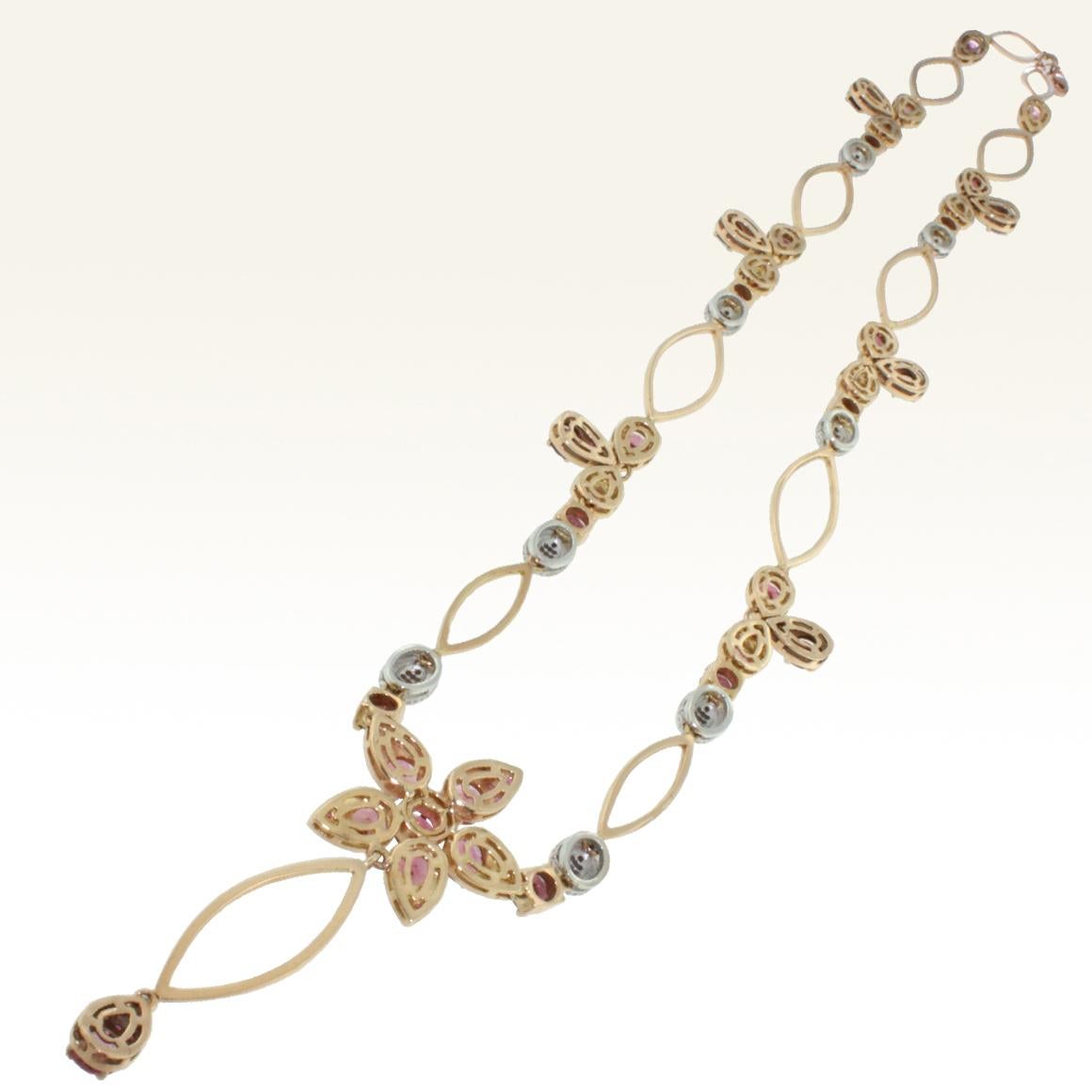 Women's or Men's 18 Karat Rose and White Gold with Pink Tourmaline and White Diamond Necklace For Sale