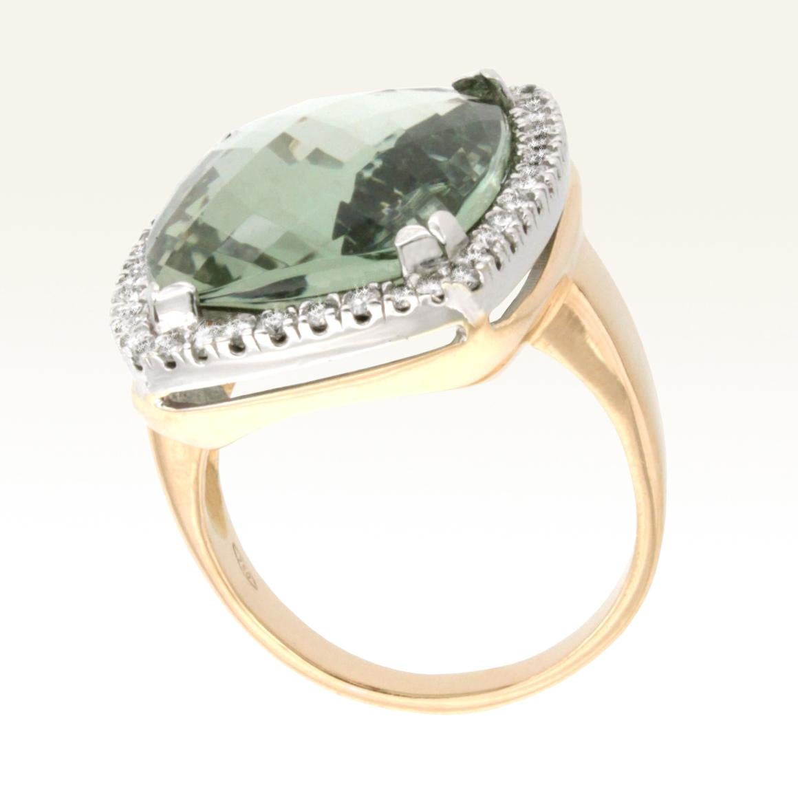 Ring in rose and white gold 18 Karat with Prasiolite Briolè  cut (size stone: mm16 x 21  mm) and white Diamond ct  0.55 VS colour G/H.
This ring is part of the collection 