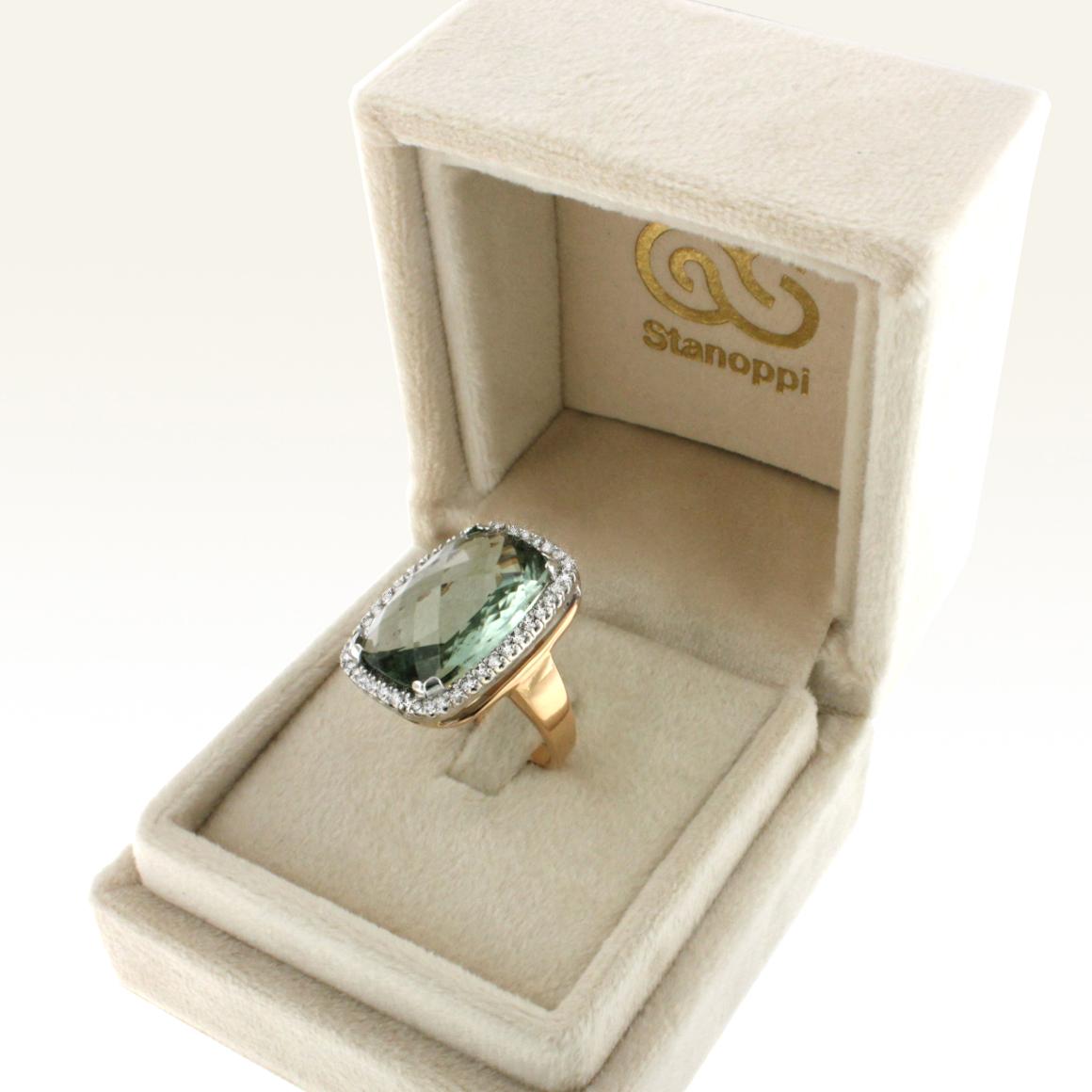 18 Karat Rose and White Gold with Prasiolite and White Diamond Cocktail Ring For Sale 1