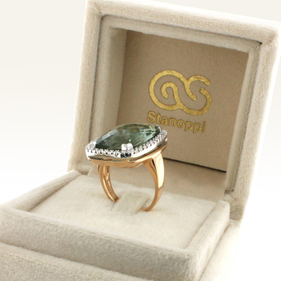 18 Karat Rose and White Gold with Prasiolite and White Diamond Cocktail Ring For Sale 2