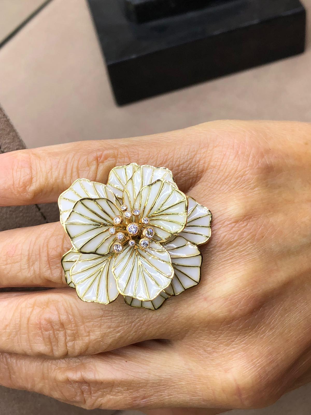 Contemporary 18 Karat Rose Gold 0.21 Carat Diamond and Enamel Flower Cocktail Ring For Sale