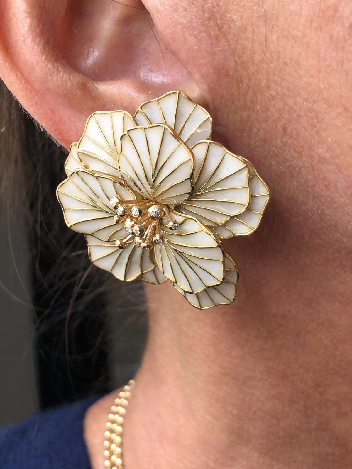 18k Rose gold With Diamonds and Enamel  Flower Earring