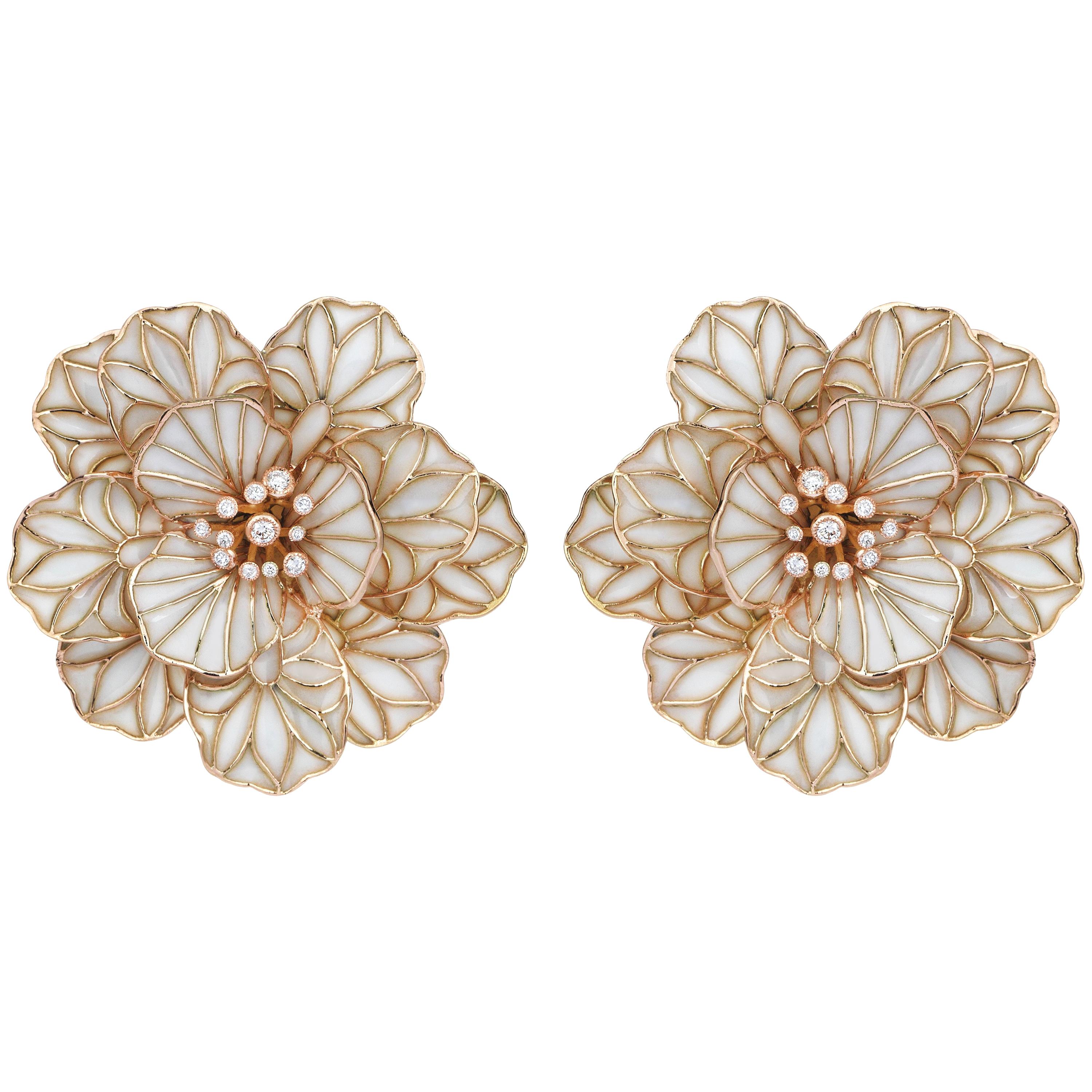 18 Karat Rose Gold 0.36 Carat Diamond and Enamel Earrings For Sale