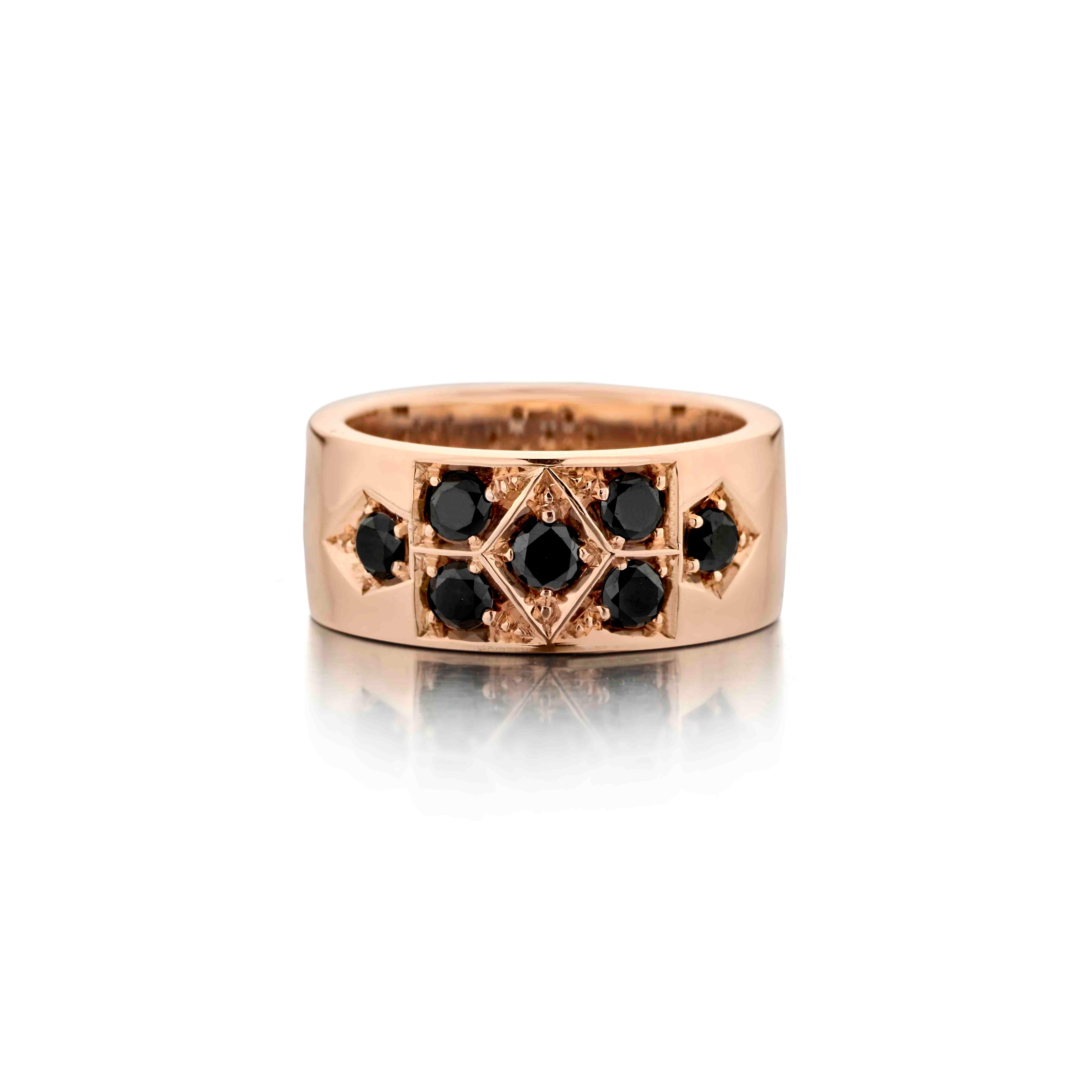 18 Karat Rose Gold ring featuring Collection grade Black Diamonds of 0.42 Carat.
Set in a crossed pattern featuring 7 Black Diamonds.

This Black Diamond Wedding Ring is one of Jochen's signature designs.
