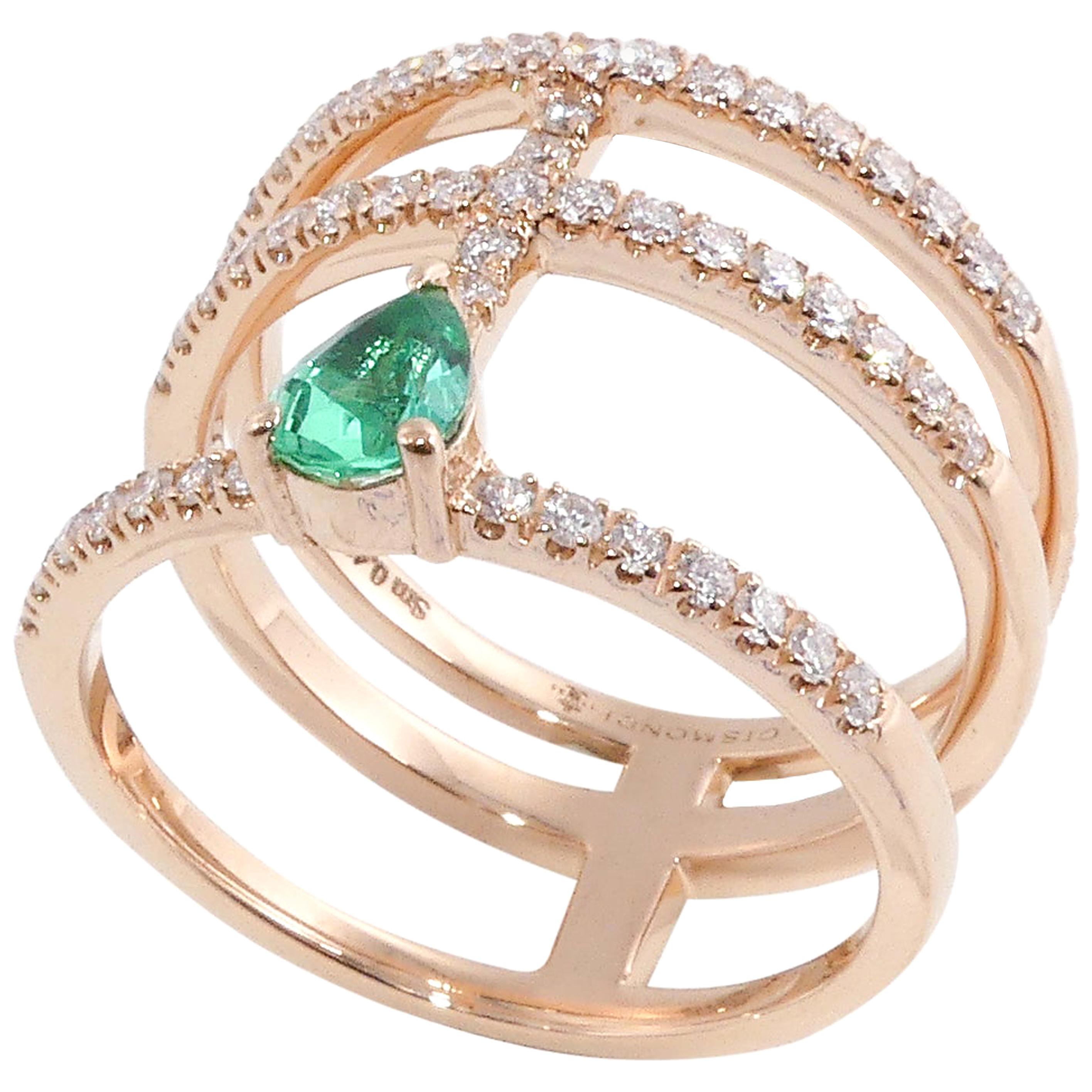 18 Karat Rose Gold 0.49 Carat White Diamonds 0.49 Carat Emerald Ring For Sale