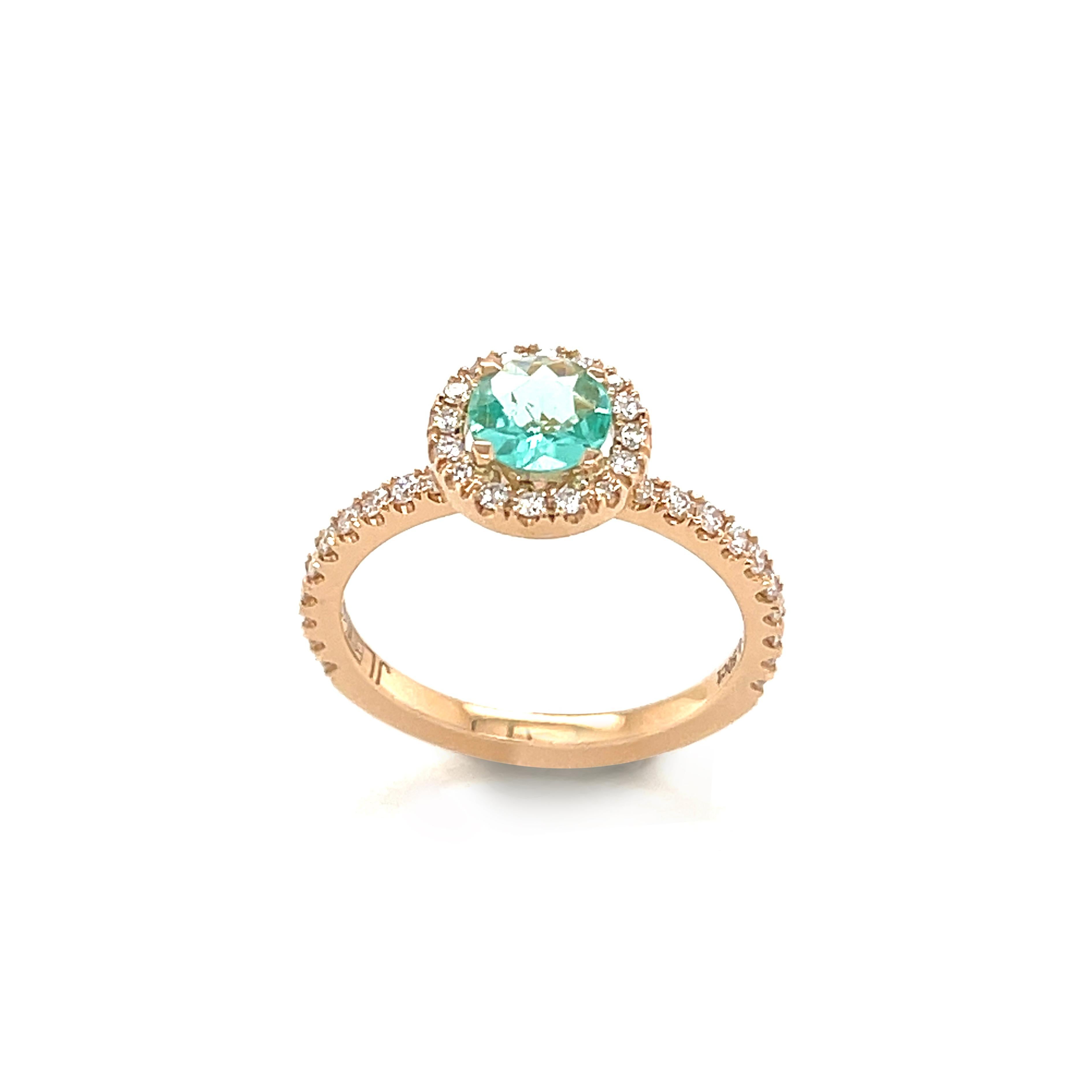 18 Karat Yellow Gold Solitaire ring set with a 0.50 Carat Paraiba Tourmaline stone.

Round mixed cut: diameter 5,71 mm
The Paraiba Tourmaline is set with Moissanite (on request of the customer) weighing 0.30 carat in a castle setting.

This ring is