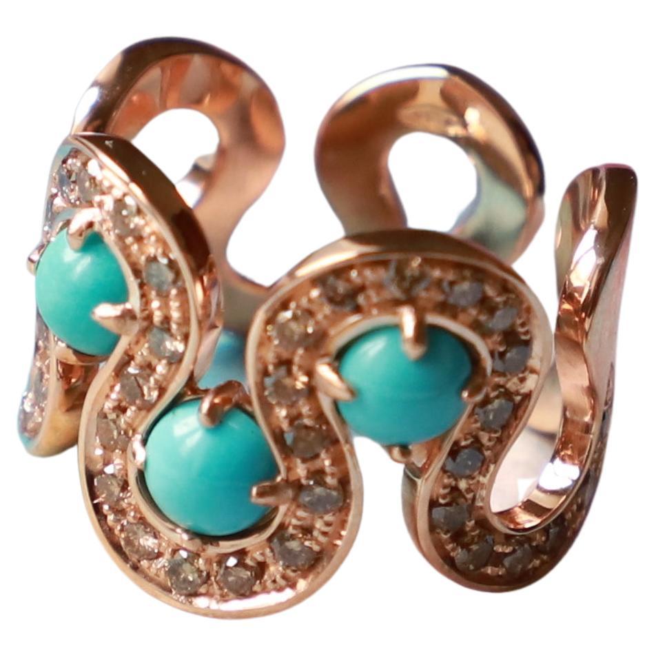 18 Karat Rose Gold 0.87 Karat Brown Diamonds Cabochon Turquoise Wave Design Ring