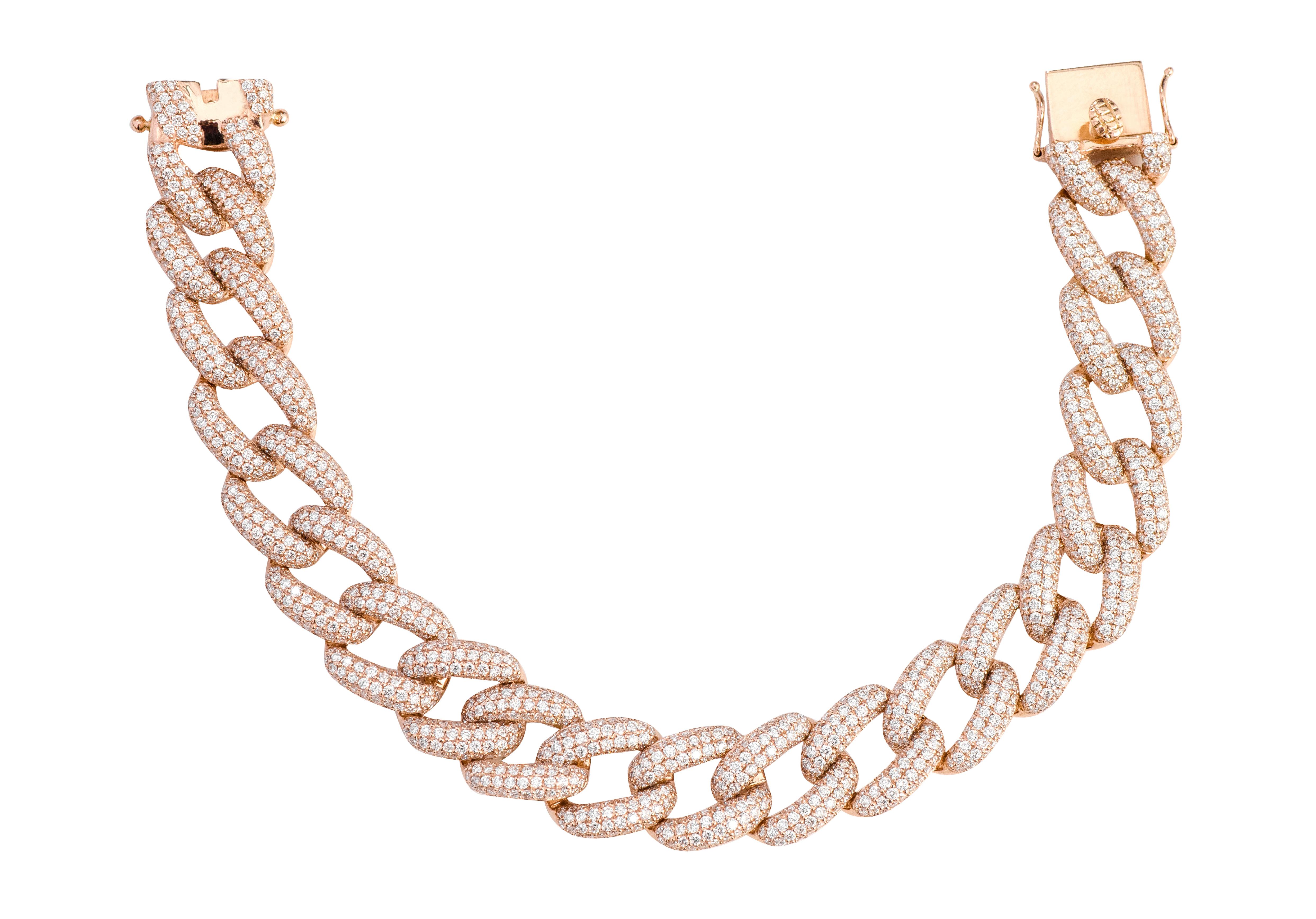 18 Karat Rose Gold 11.65 Carat Brilliant-Cut Diamond Link Bracelet Modern

This nouveau-style exquisite diamond link bracelet is mesmerizing. The hollow box links are formed with three curved rows of pave set round diamonds surrounding each link on