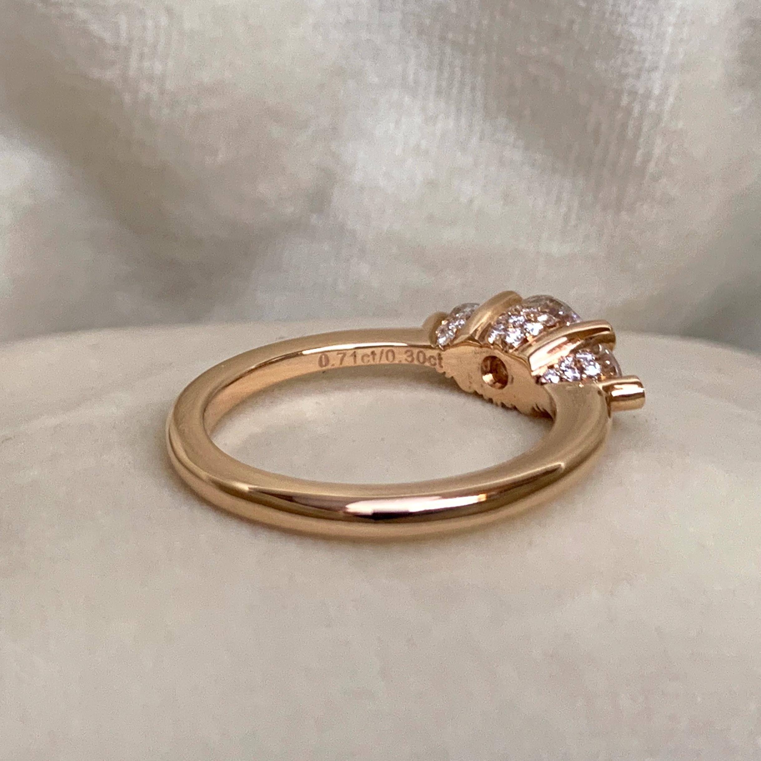 Contemporary 18 Karat Rose Gold 1.18 Carat Diamond Handmade Trilogy Ring