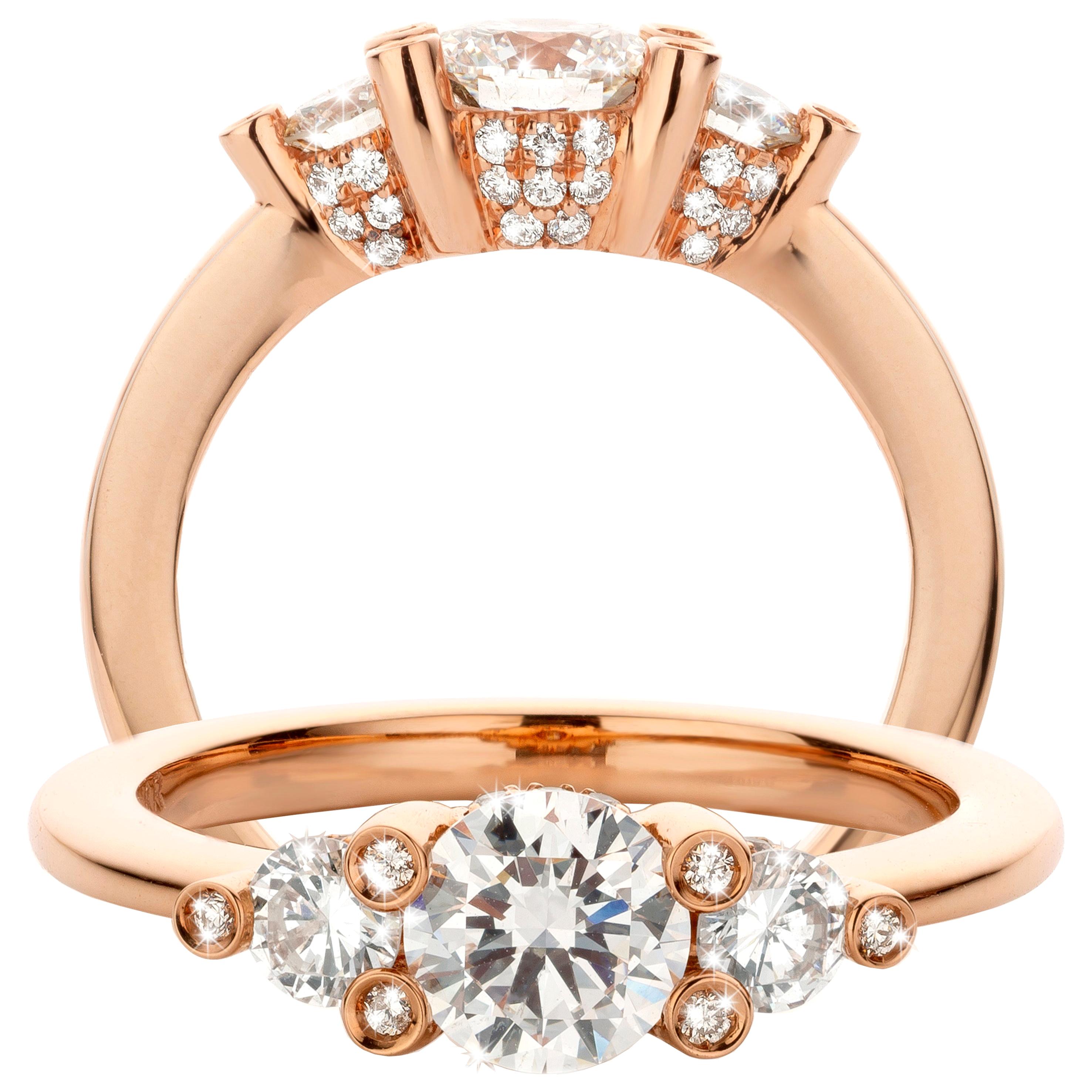 18 Karat Rose Gold 1.18 Carat Diamond Handmade Trilogy Ring