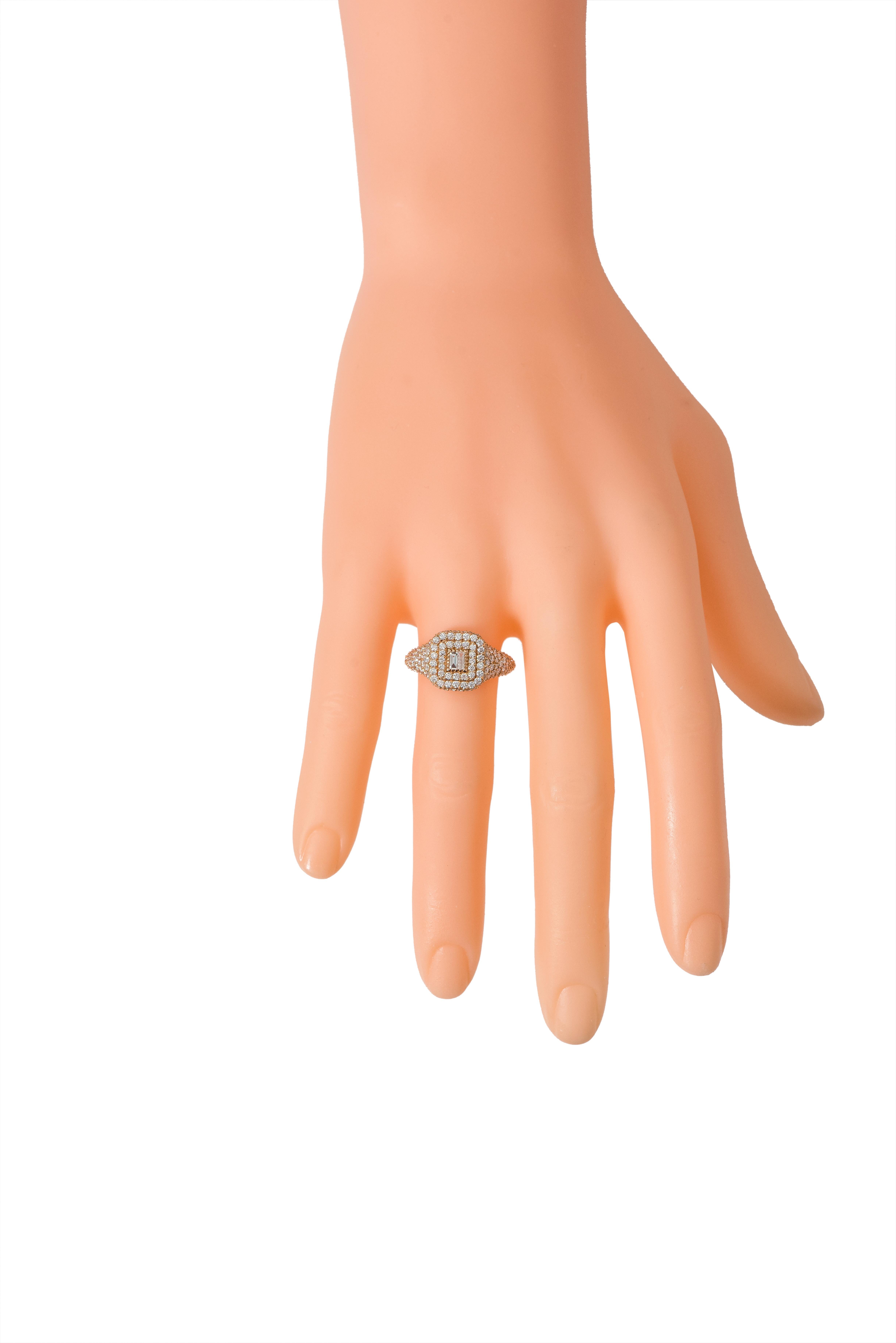 Baguette Cut 18 Karat Rose Gold 1.21 Carat Diamond Cluster Engagement Ring For Sale