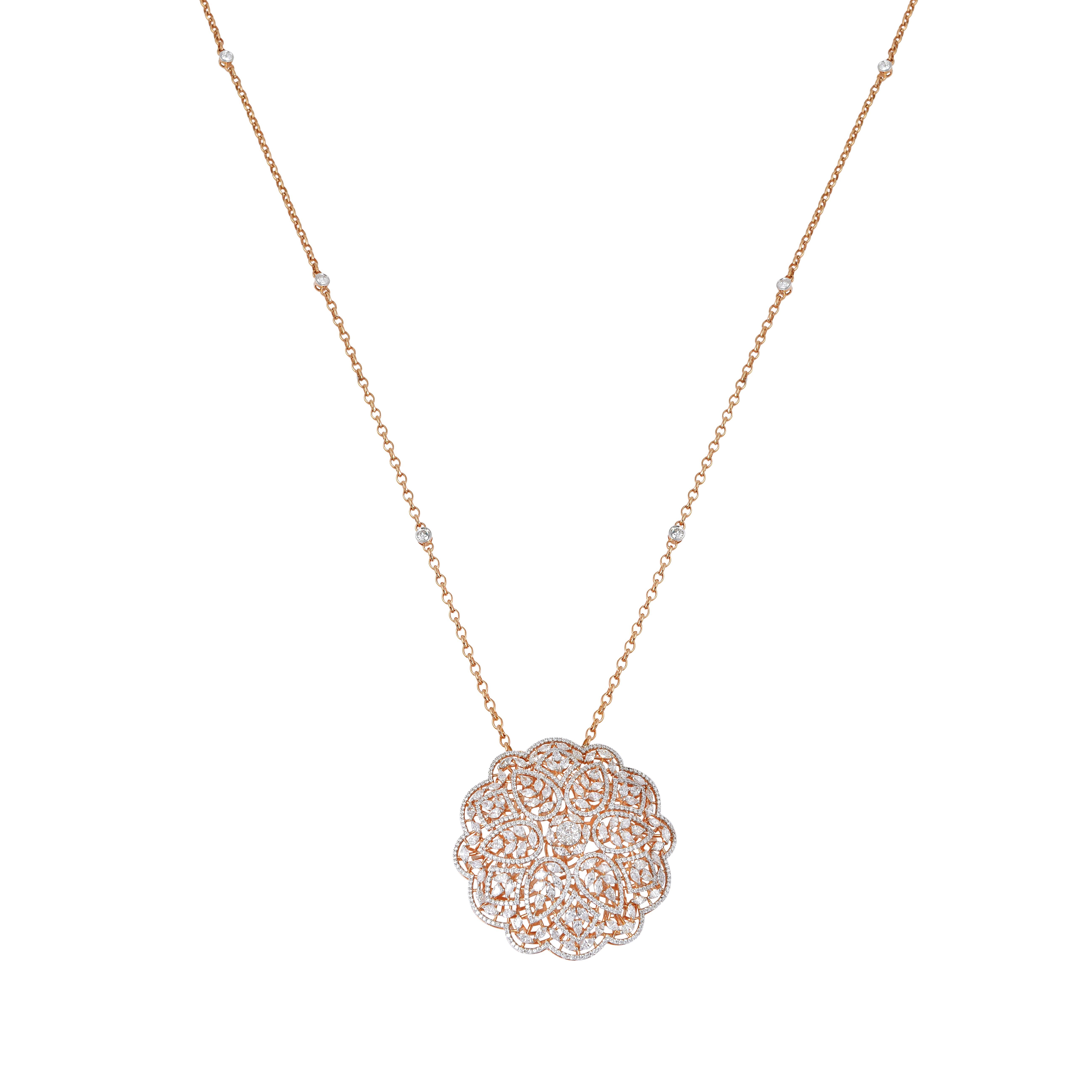 Marquise Cut 18 Karat Rose Gold 12.25 Carat SI/HI Diamond Flower Pendant Necklace Jewelry For Sale