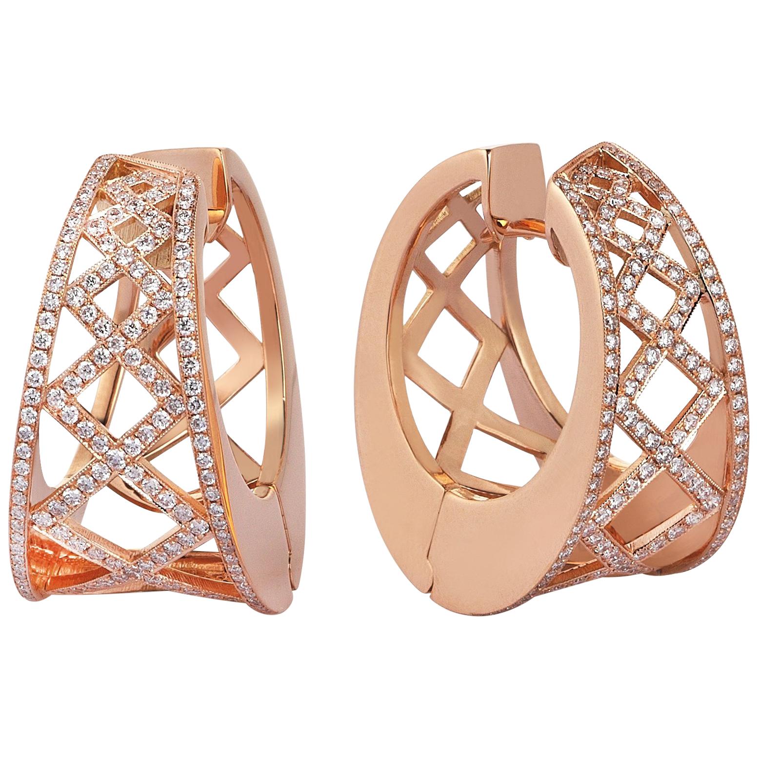 18 Karat Rose Gold 1.27 Carat Diamond Hoop Earrings For Sale