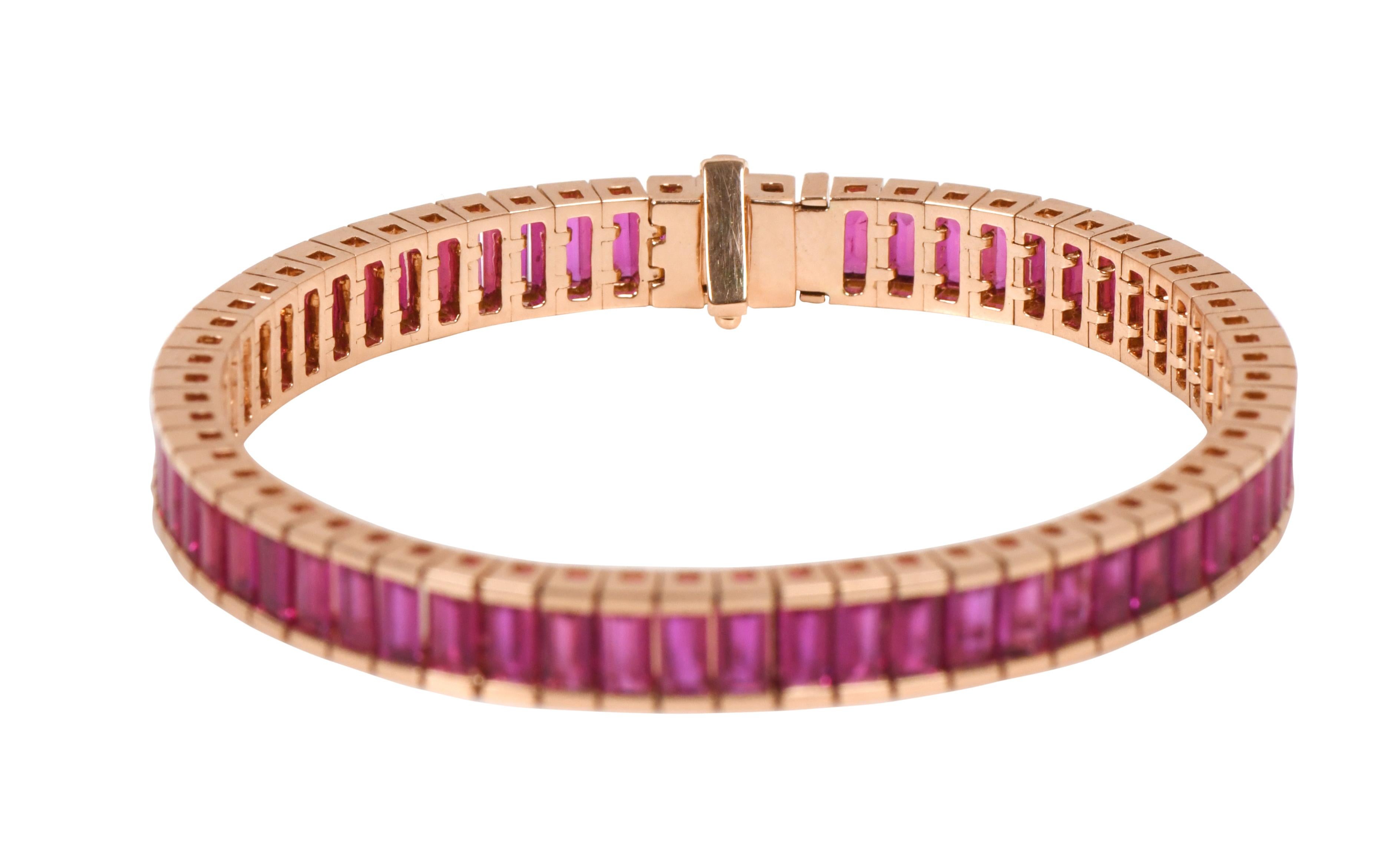 Bracelet tennis en or rose 18 carats avec rubis naturel de 13,82 carats en vente 1