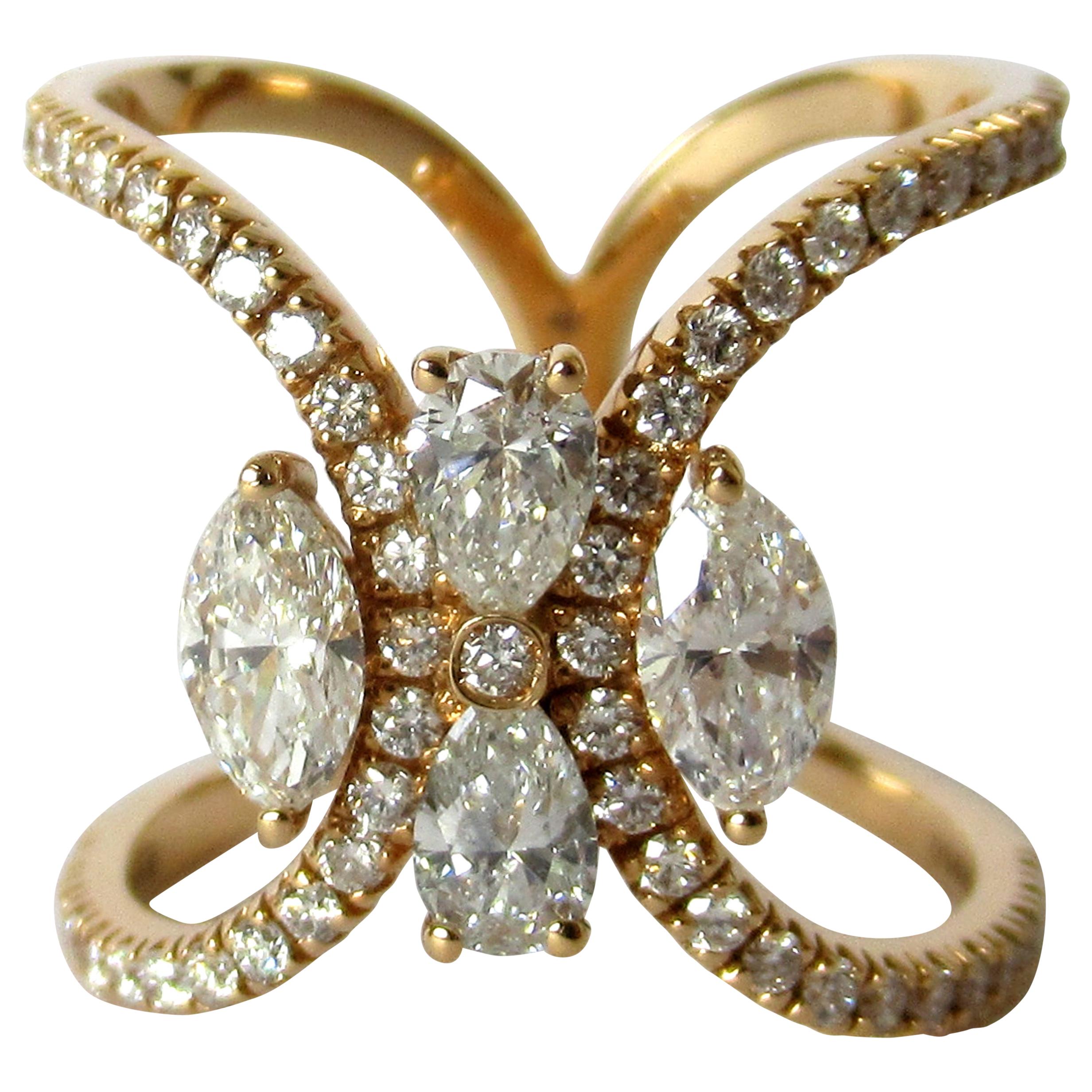 18 Karat Rose Gold 1.39 Carat White Diamonds Crossed Ring For Sale