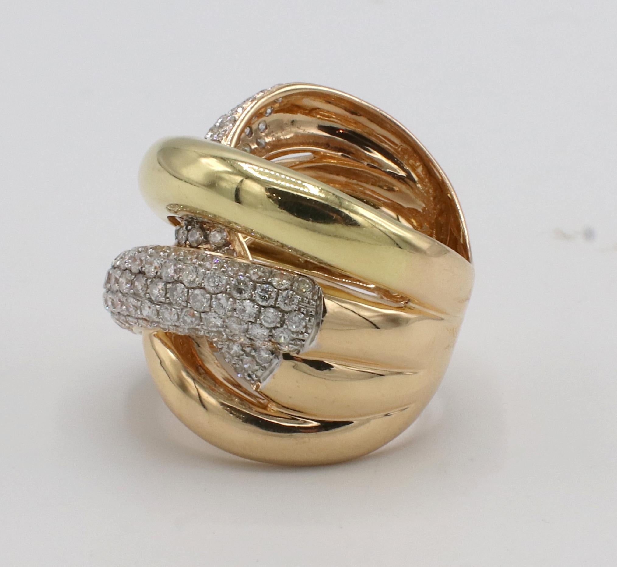 Women's 18 Karat Rose Gold 1.50 Carat Pave Diamond Crossover Wide Statement Band Ring 
