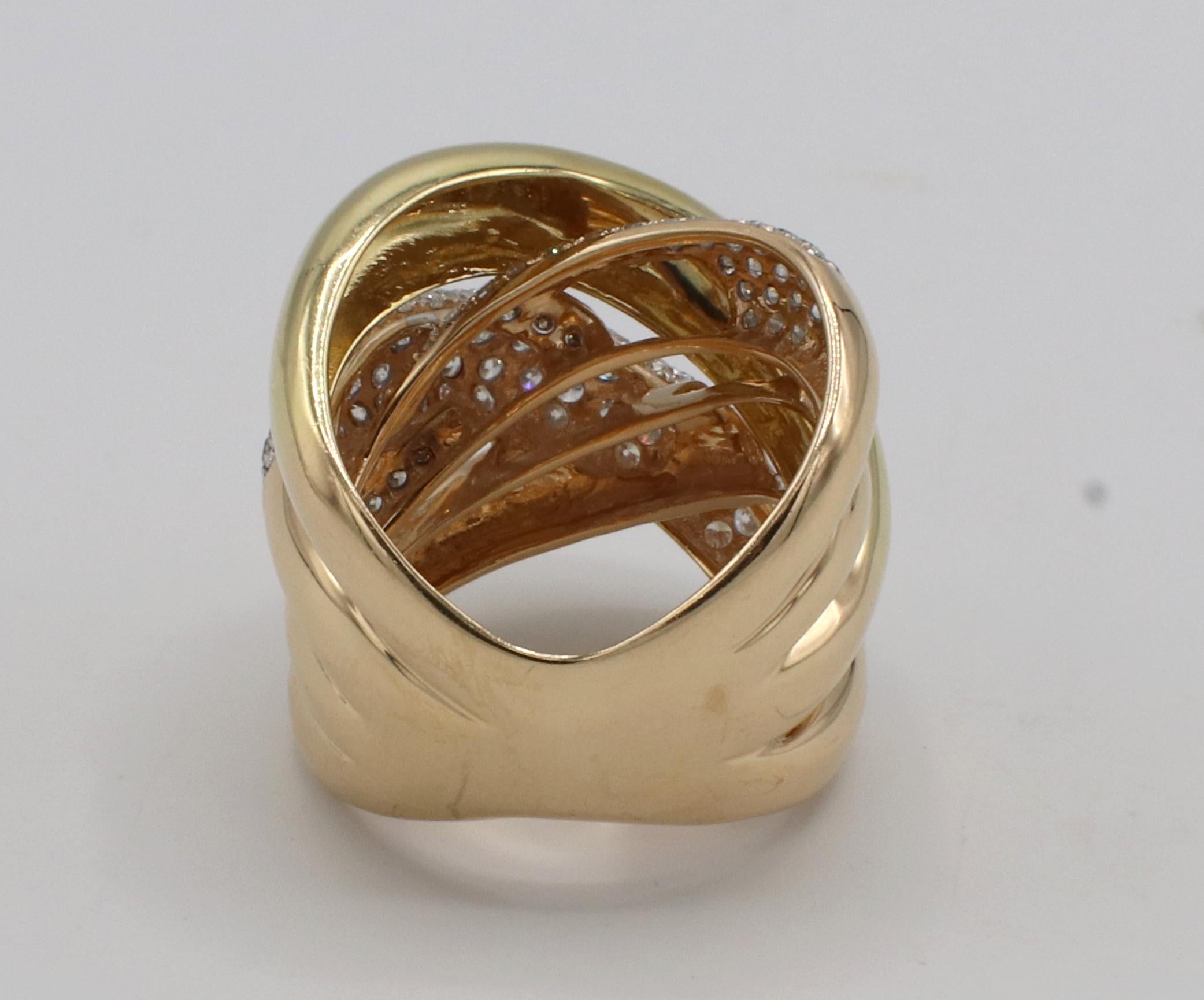 18 Karat Rose Gold 1.50 Carat Pave Diamond Crossover Wide Statement Band Ring  1