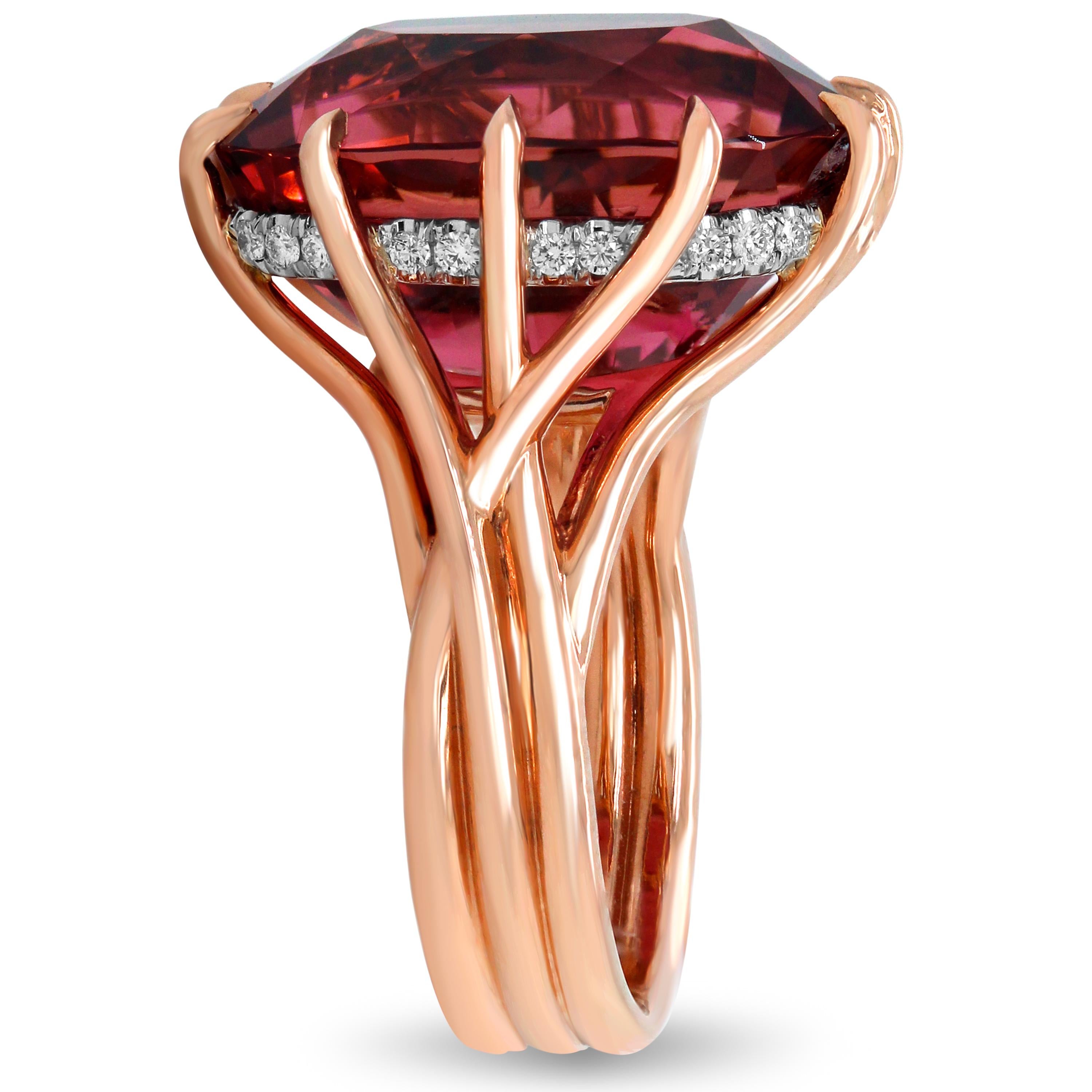 Oval Cut 18 Karat Rose Gold 16.35 Carat Oval Rubelite Diamond Cocktail Ring