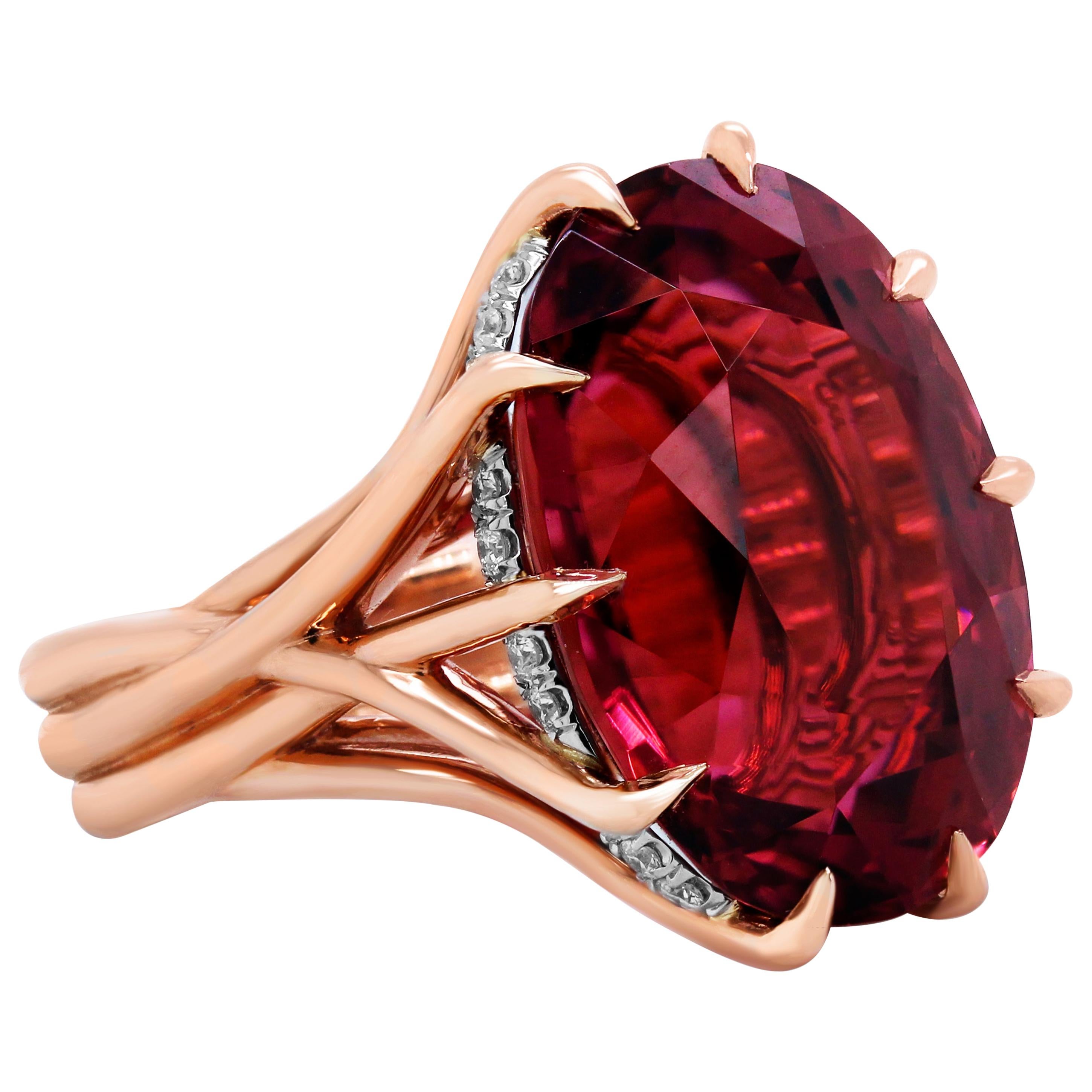 18 Karat Rose Gold 16.35 Carat Oval Rubelite Diamond Cocktail Ring