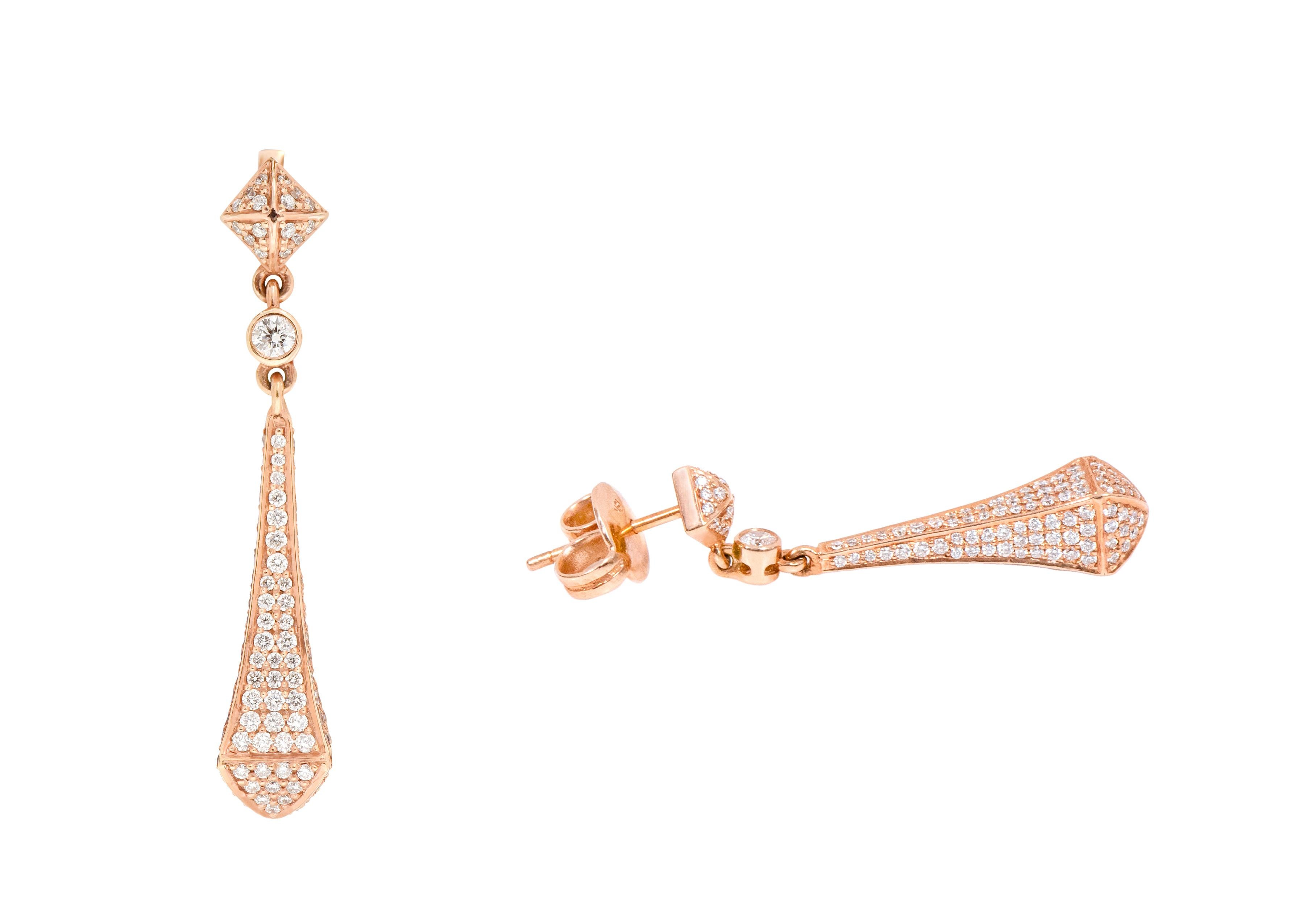 Modern 18 Karat Rose Gold 1.73 Carat Diamond Drop Earrings For Sale