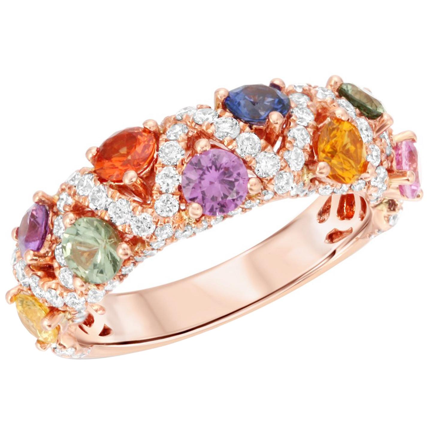18 Karat Rose Gold 1.88 Carat Multi-Color Stones with 0.89 Diamonds Band Ring For Sale