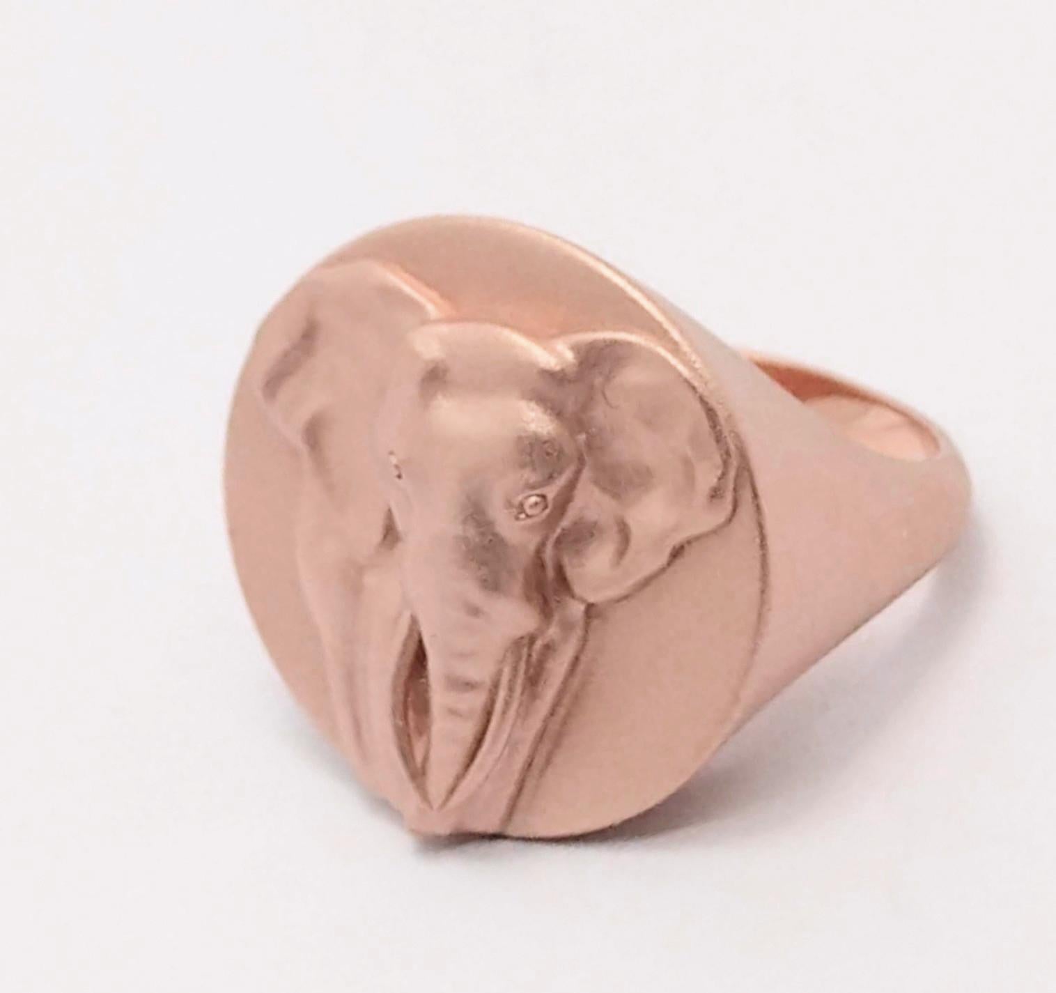 For Sale:  18 Karat Rose Gold 2 Tusks Elephant Signet Ring 5