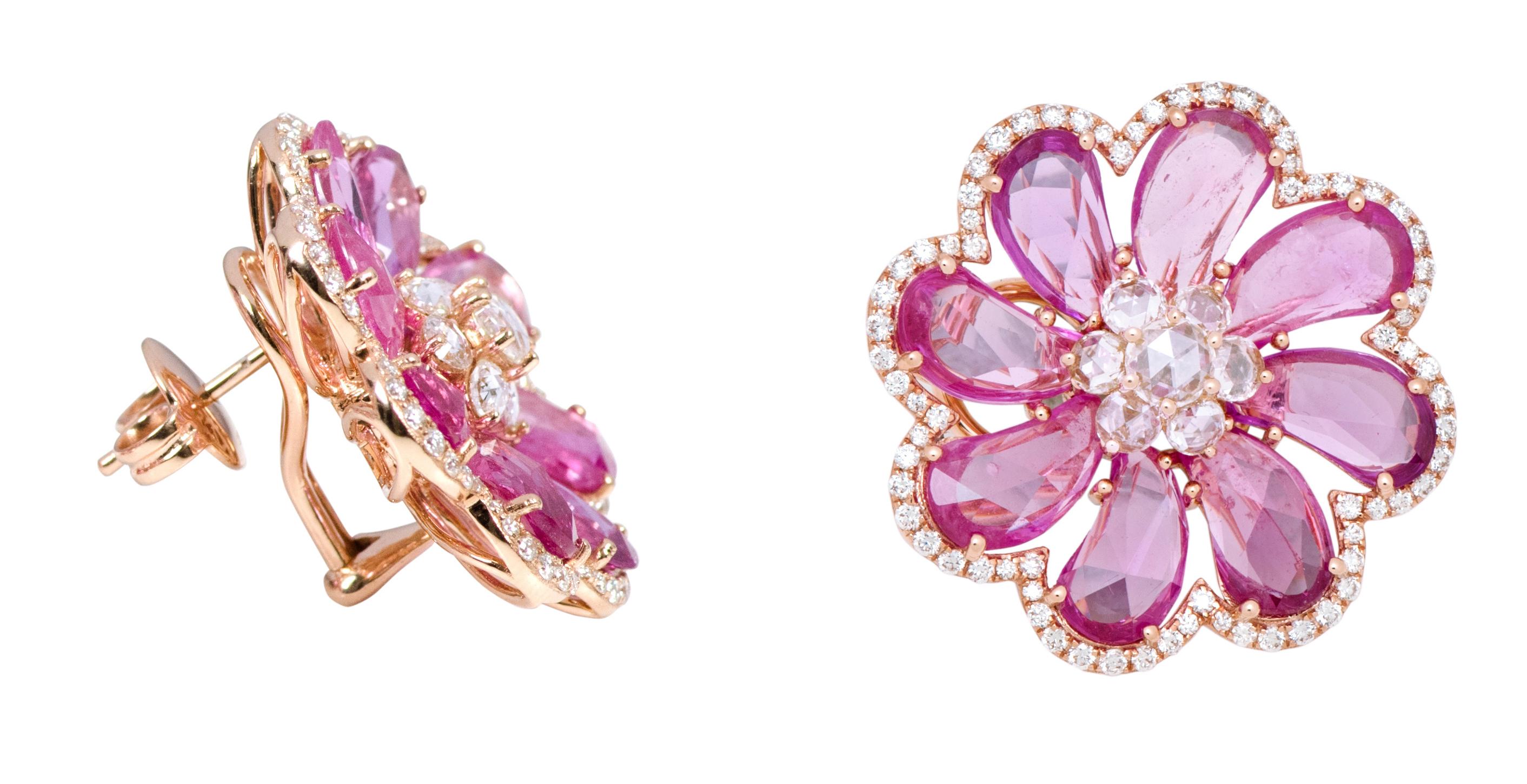 18 Karat Rose Gold 20.45 Carat Pink Sapphire and Diamond Flower Stud Earrings

This meticulous baby pink sapphire and diamond rose cut stud earring is spectacular. The special curved pear rose cut pink sapphire with rose cut round diamond all