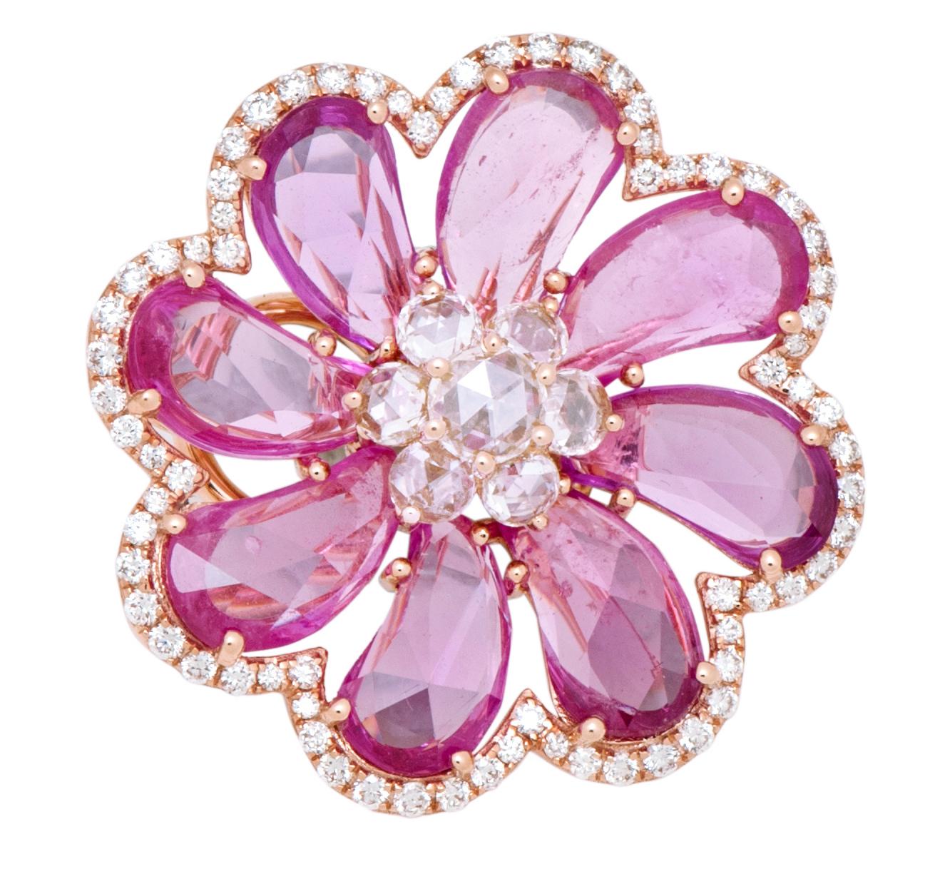 Contemporary 18 Karat Rose Gold 20.45 Carat Pink Sapphire and Diamond Flower Stud Earrings