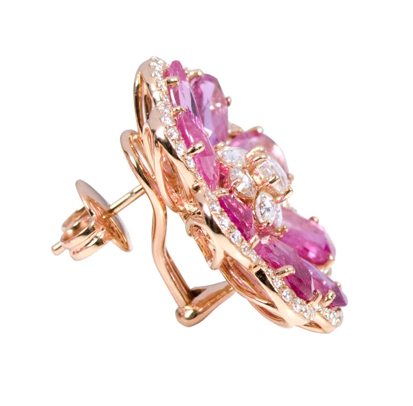 18 Karat Roségold 20,45 Karat Rosa Saphir und Diamant Blume Ohrstecker 1