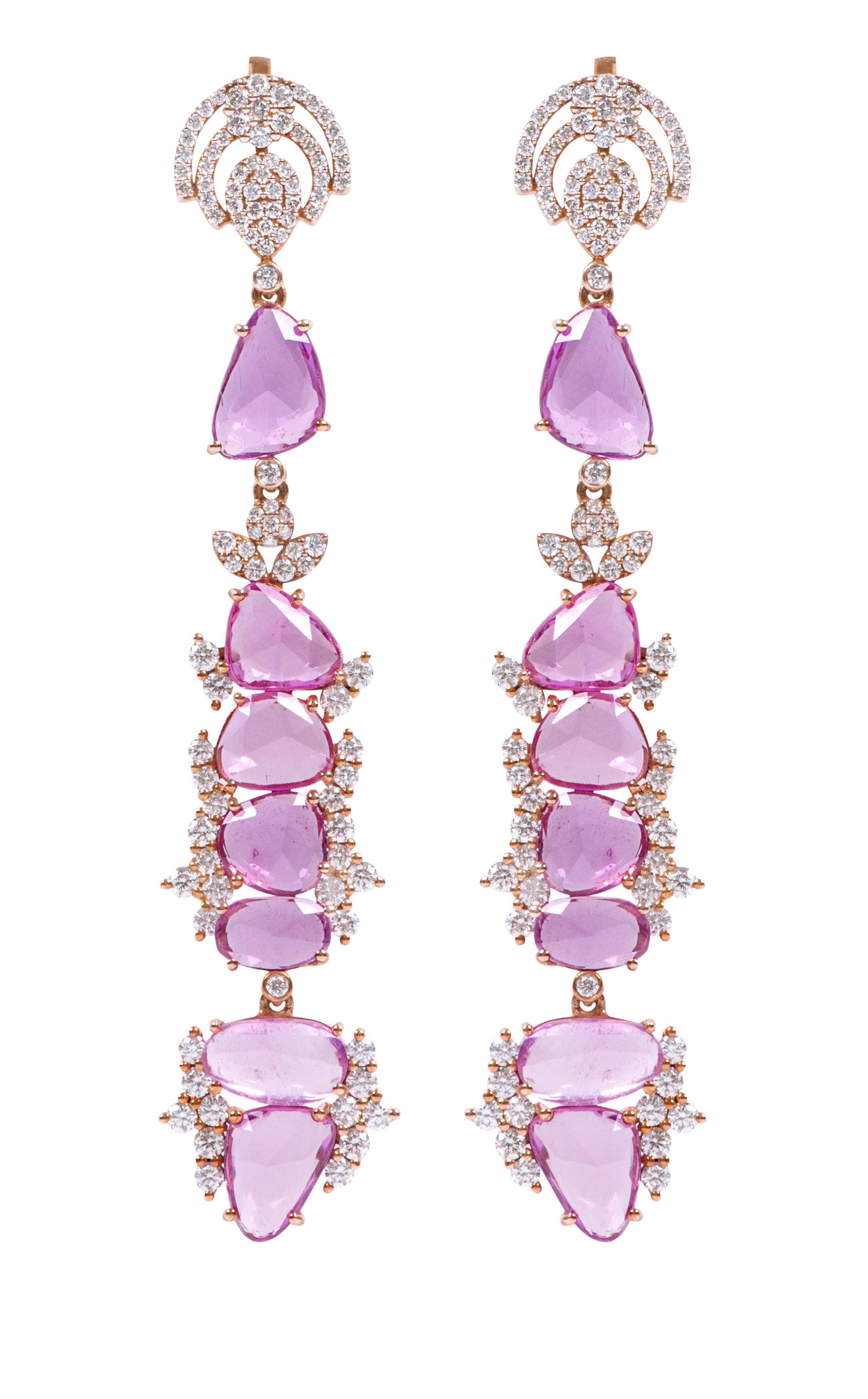 18 Karat Rose Gold 20.70 Carat Pink Sapphire and Diamond Cocktail Drop Earrings In New Condition For Sale In Jaipur, IN