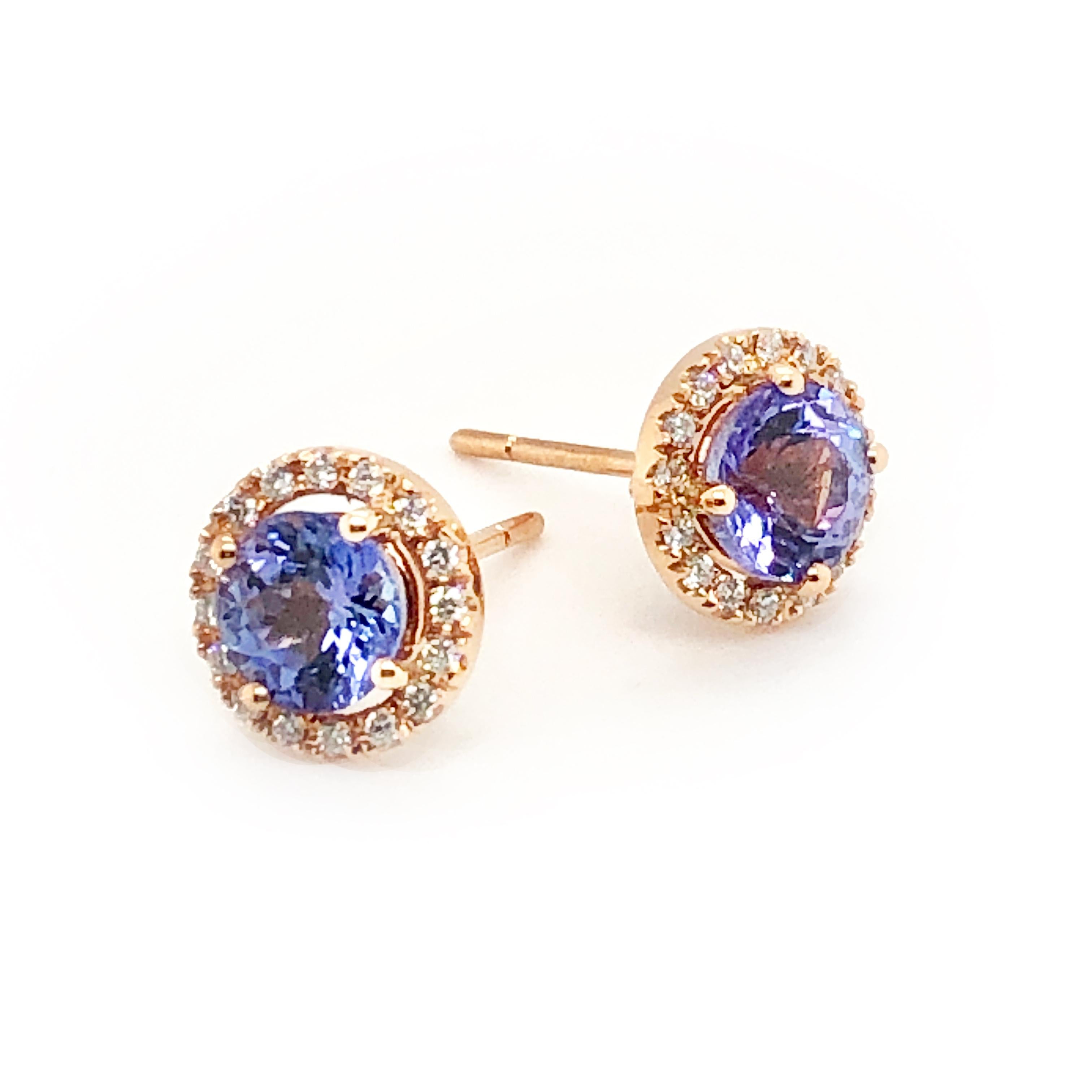 18 Karat Rose Gold Earrings set with 2.0 Carat Tanzanite stones 

Tanzanite Round cut: 5.85mm
The Tanzanite Earrings are set with Collection Grade Diamonds weighing 0.18 carat, Brilliant cut White Diamonds.

Total weight earrings (ex Earring Backs):