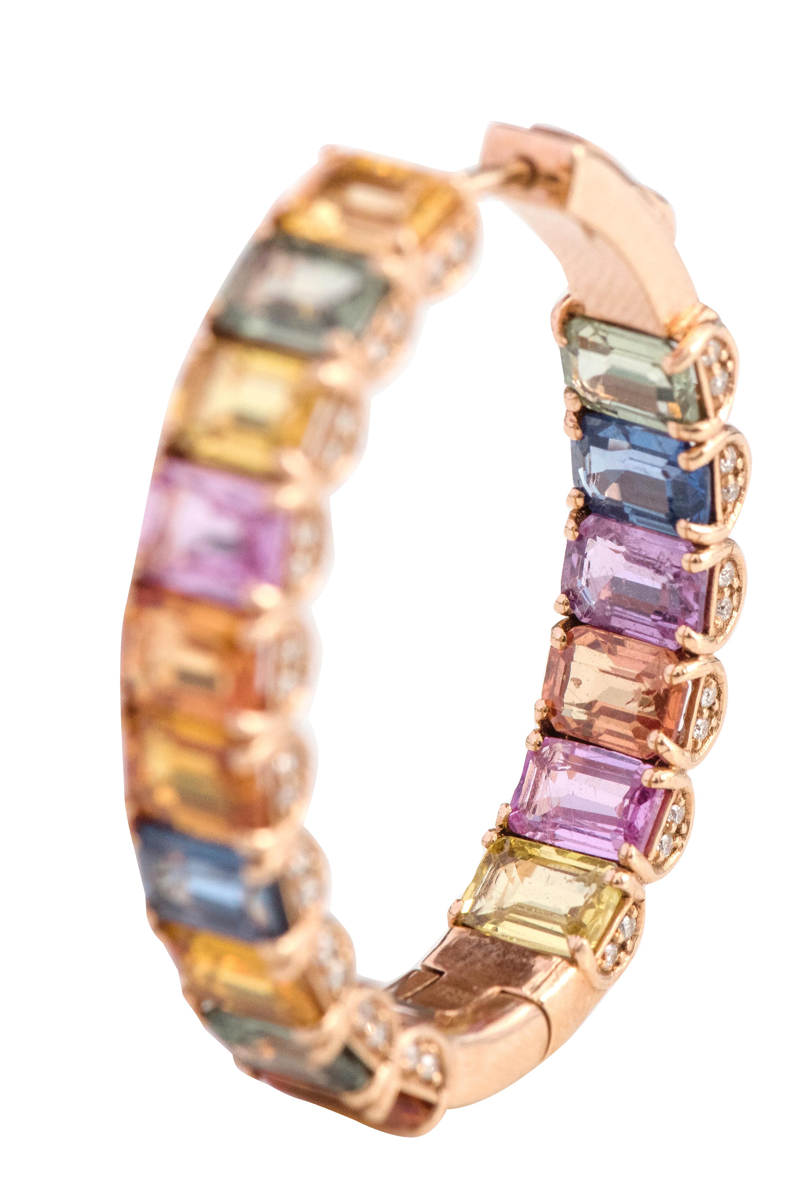 18 Karat Rose Gold 21.26 Carat Multi-Color Sapphire and Diamond Hoop Earrings For Sale 4