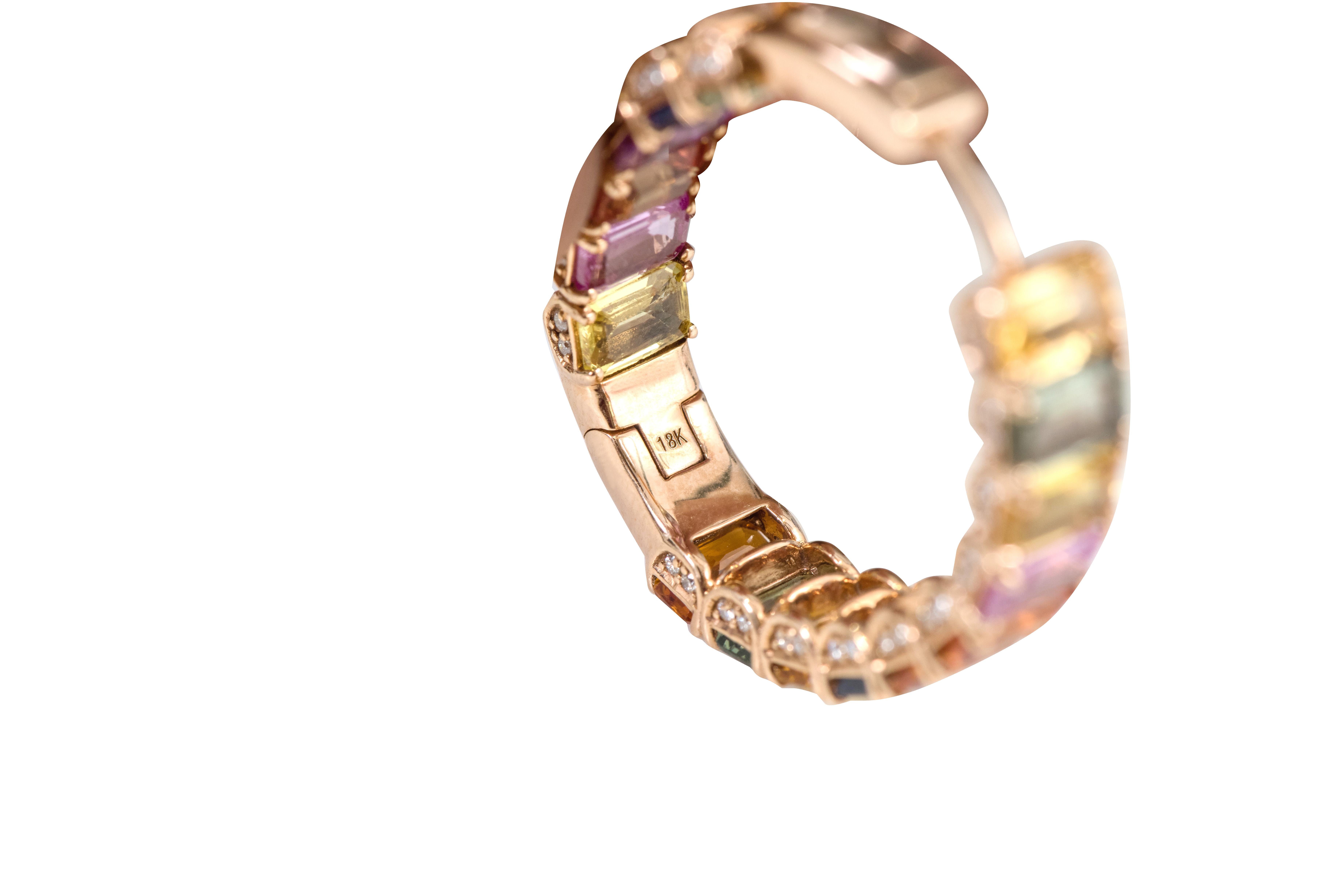 18 Karat Rose Gold 21.26 Carat Multi-Color Sapphire and Diamond Hoop Earrings For Sale 5