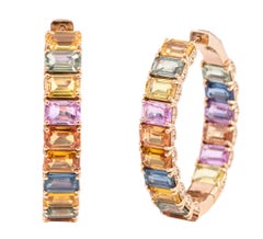 18 Karat Rose Gold 21.26 Carat Multi-Color Sapphire and Diamond Hoop Earrings