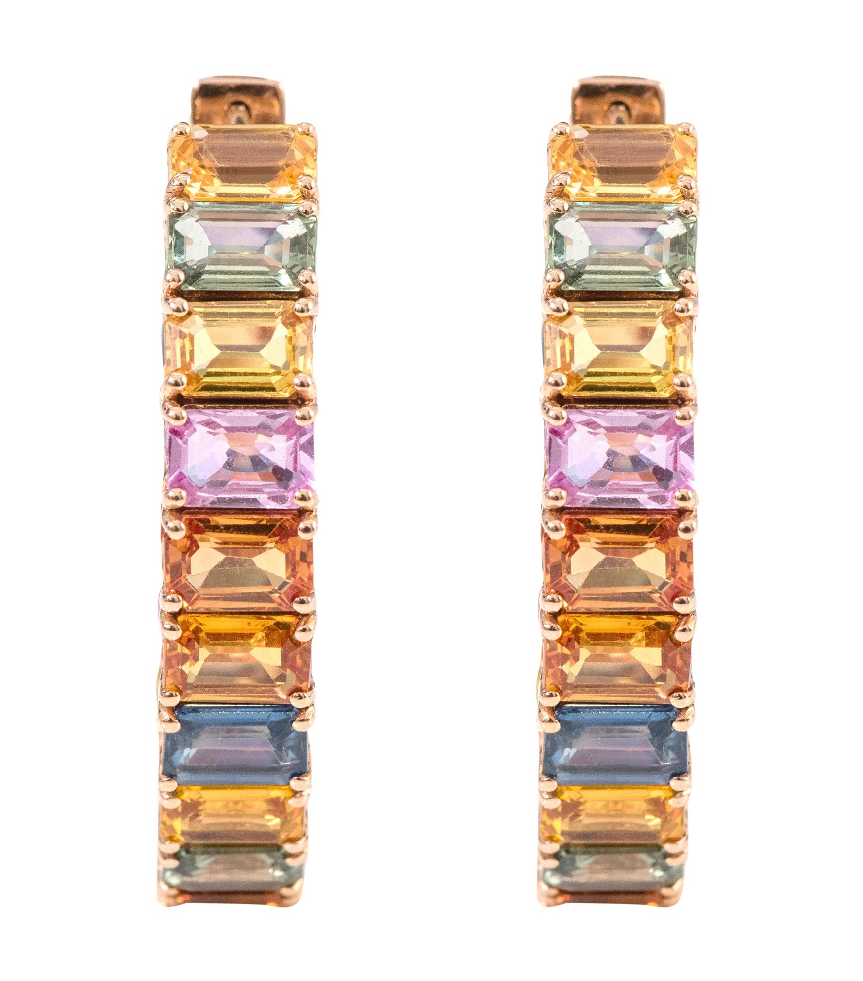 Modern 18 Karat Rose Gold 21.26 Carat Multi-Color Sapphire and Diamond Hoop Earrings For Sale