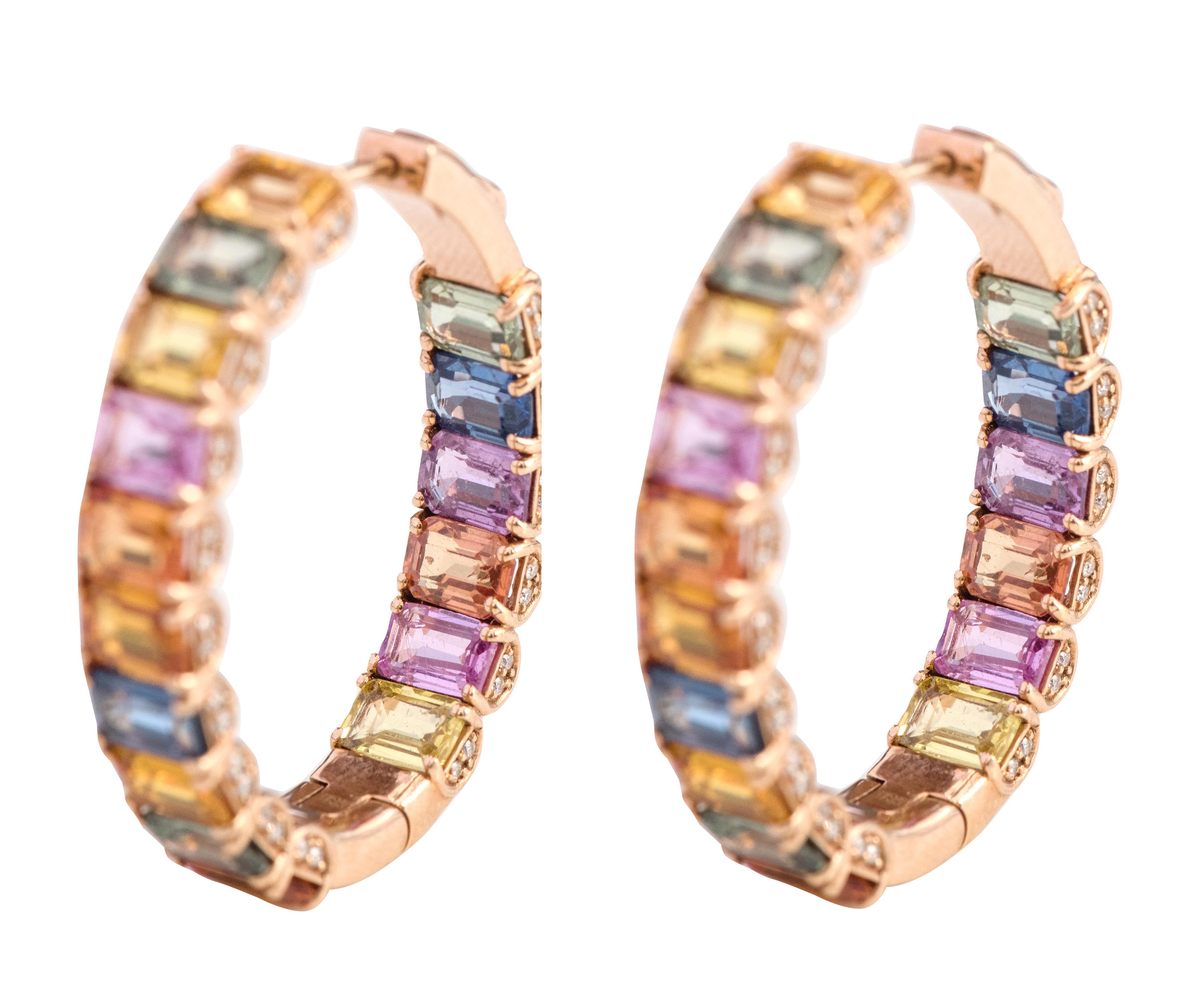 Emerald Cut 18 Karat Rose Gold 21.26 Carat Multi-Color Sapphire and Diamond Hoop Earrings For Sale