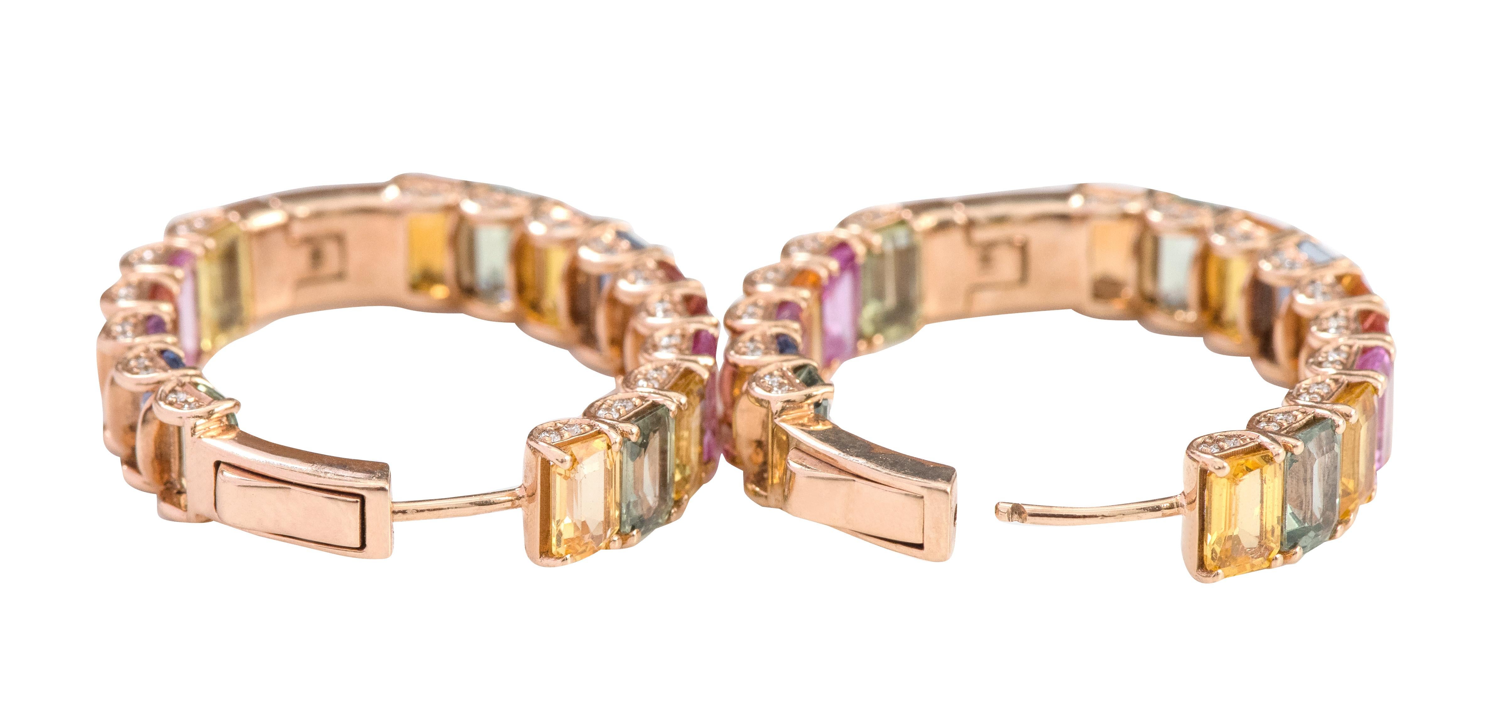 Women's 18 Karat Rose Gold 21.26 Carat Multi-Color Sapphire and Diamond Hoop Earrings For Sale