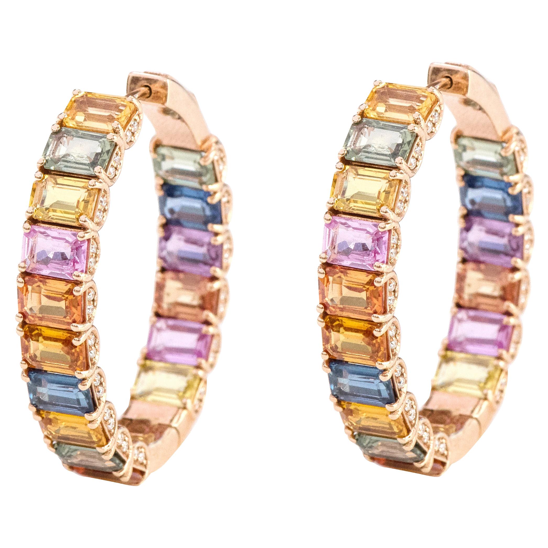 18 Karat Rose Gold 21.26 Carat Multi-Color Sapphire and Diamond Hoop Earrings