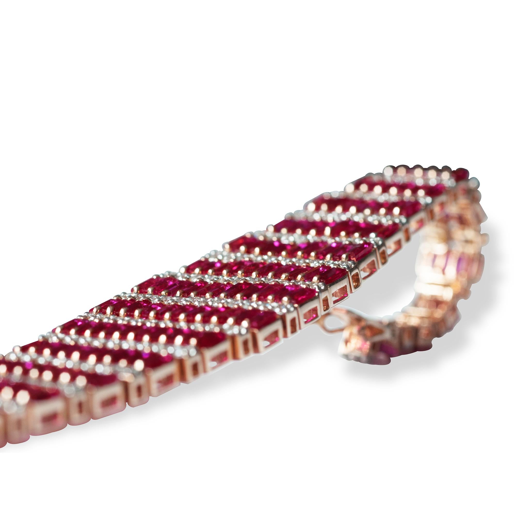 18K Rose Gold 21.73 Carat Mozambique Ruby Baguette Diamond Contemporary Bracelet For Sale 7