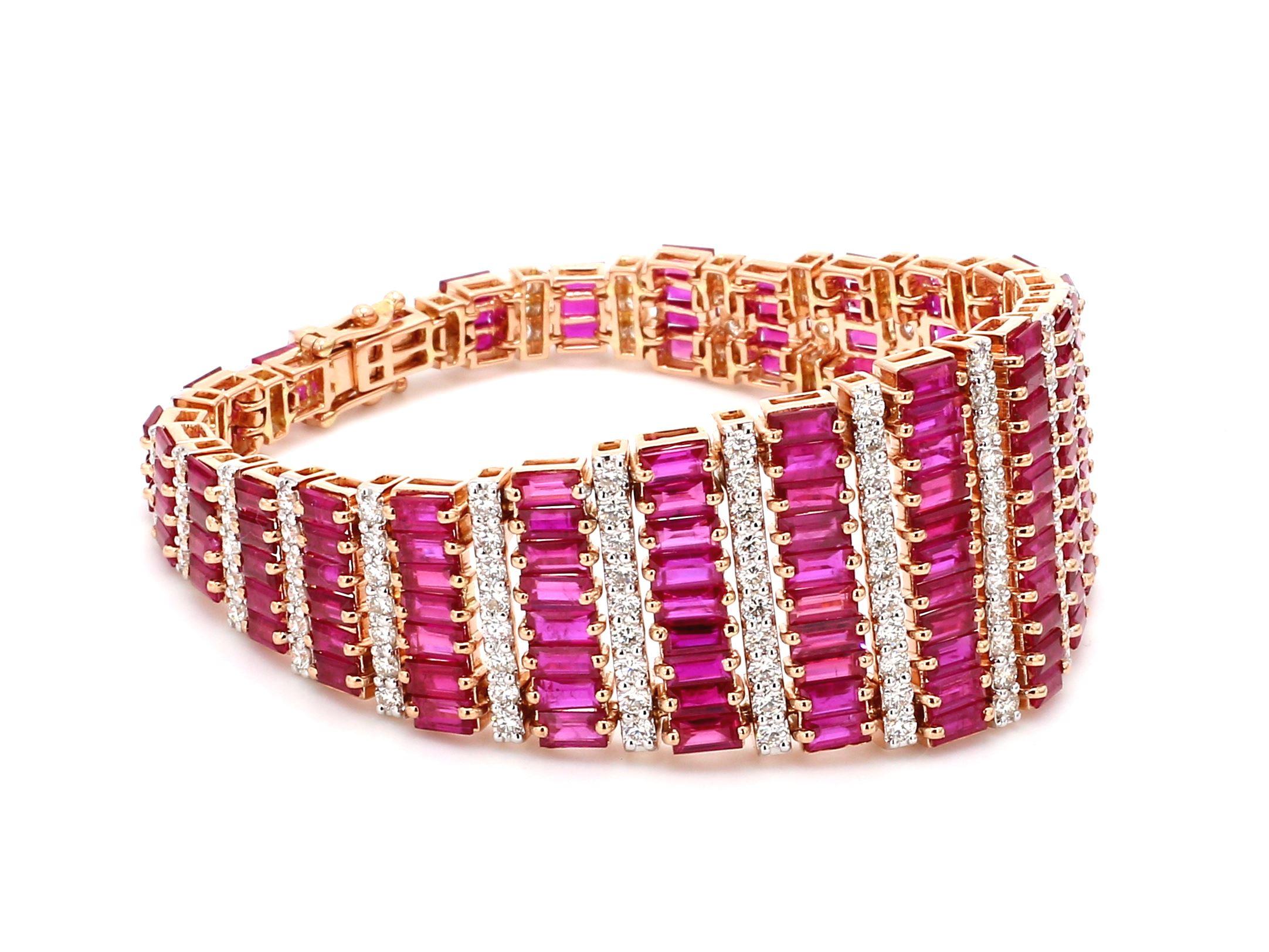 18K Rose Gold 21.73 Carat Mozambique Ruby Baguette Diamond Contemporary Bracelet For Sale 4