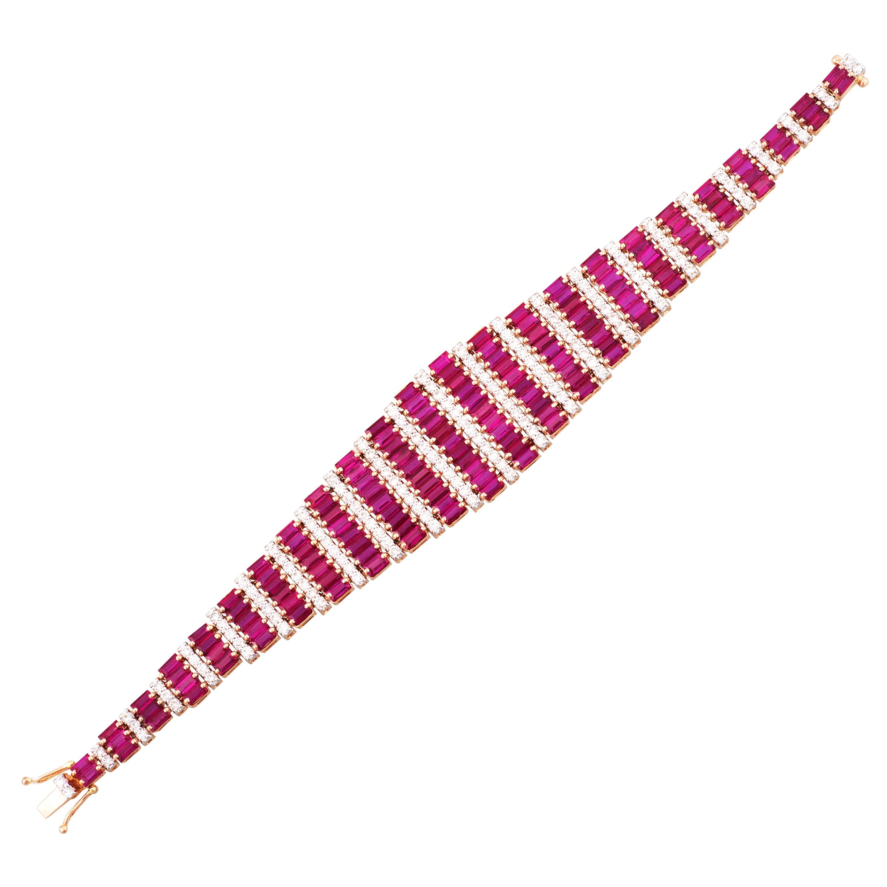 18K Rose Gold 21.73 Carat Mozambique Ruby Baguette Diamond Contemporary Bracelet For Sale