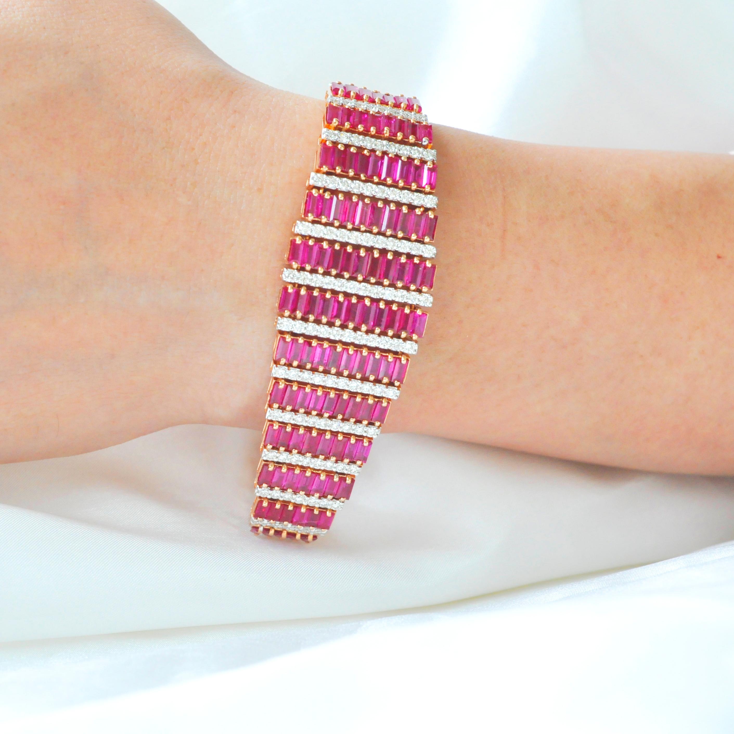 18 karat rose gold 21.73 carats mozambique ruby baguette diamond contemporary bracelet.

Keeping up with the…red carpet look! Presenting the 18 karat rose gold 21.73 carats mozambique ruby baguettes diamond bracelet. In this 18 karat rose gold