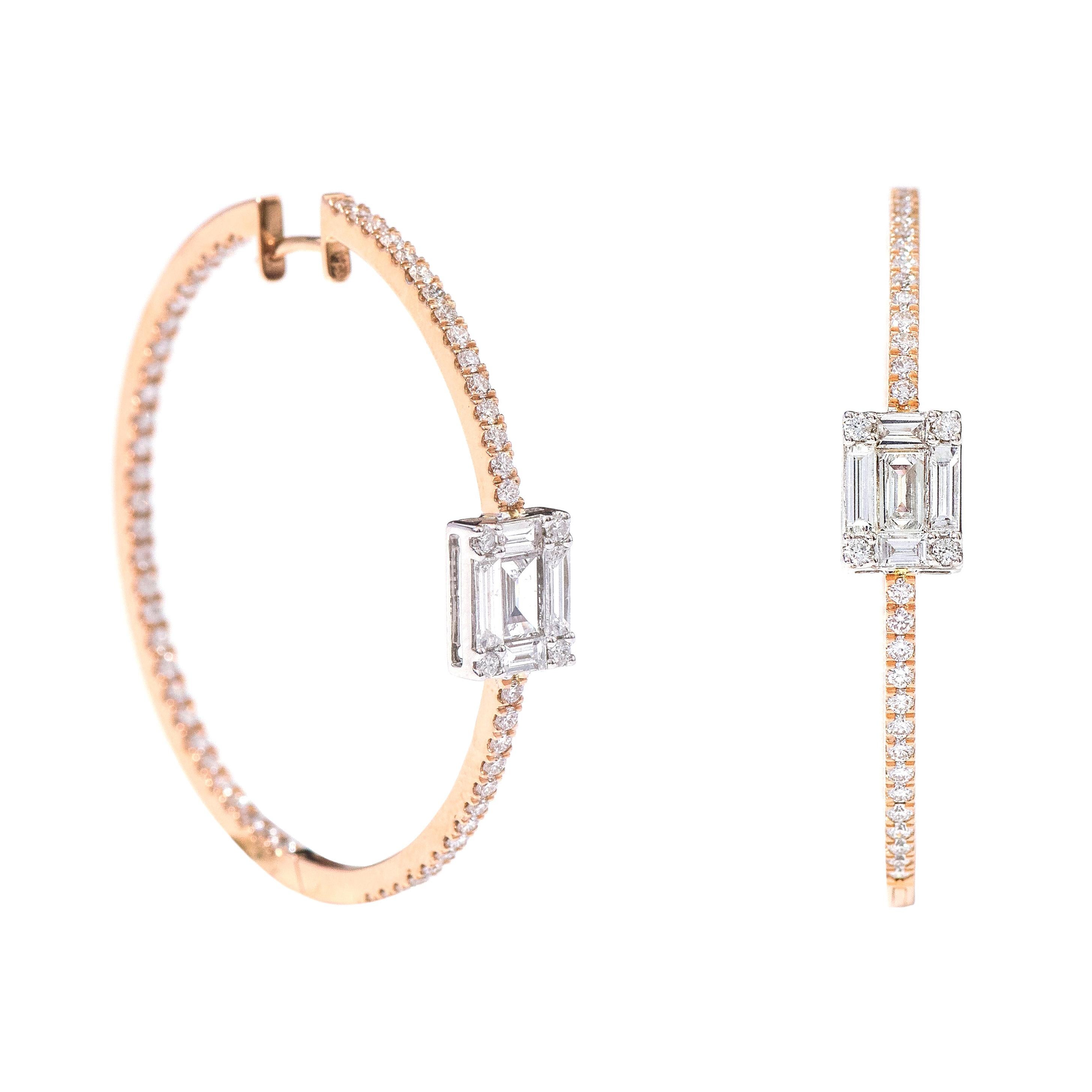 18 Karat Rose Gold 2.18 Carat "Illusion-Set" Diamond Hoop Earrings