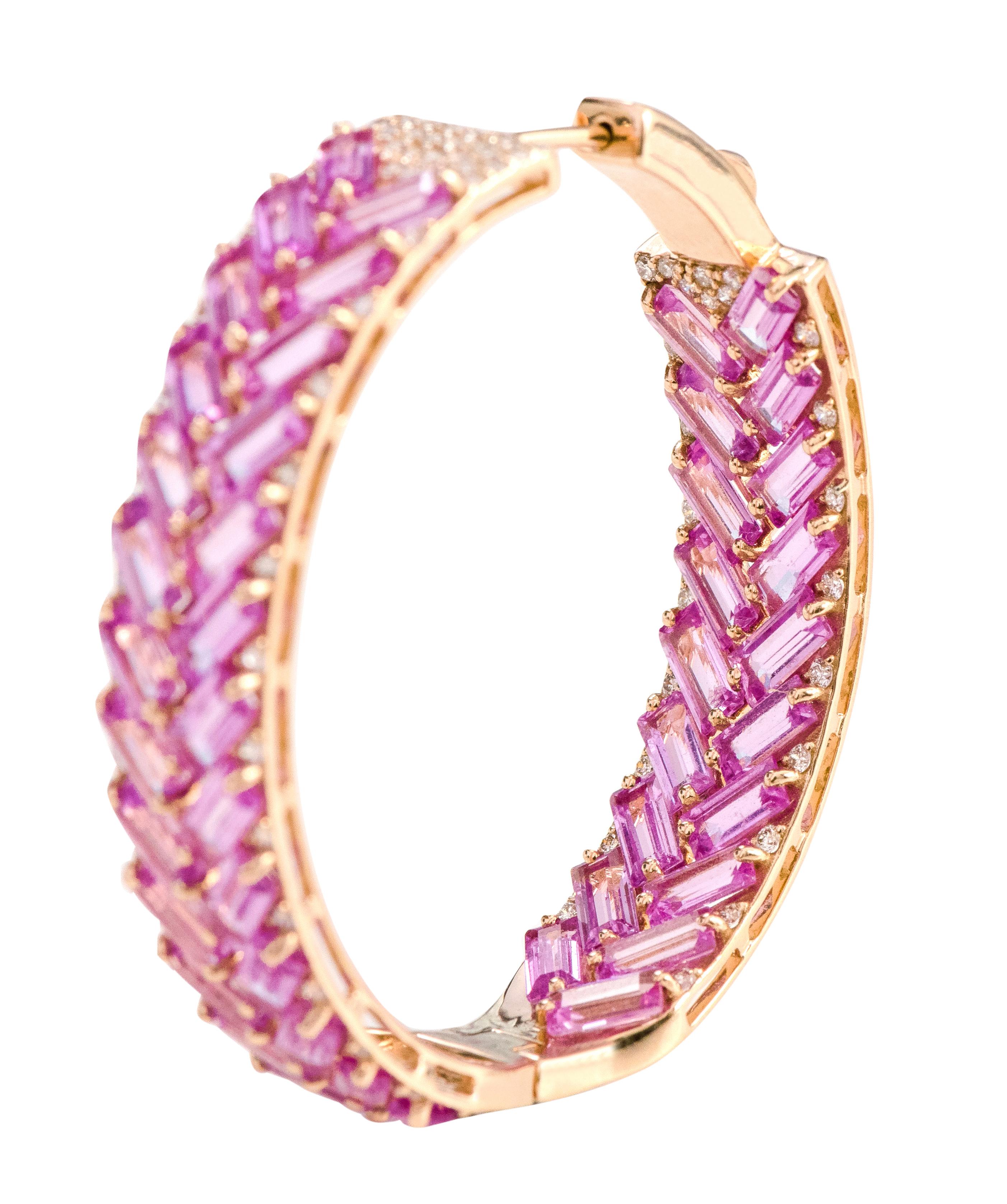 18 Karat Rose Gold 21.80 Carat Pink Sapphire and Diamond Hoop Earrings For Sale 3