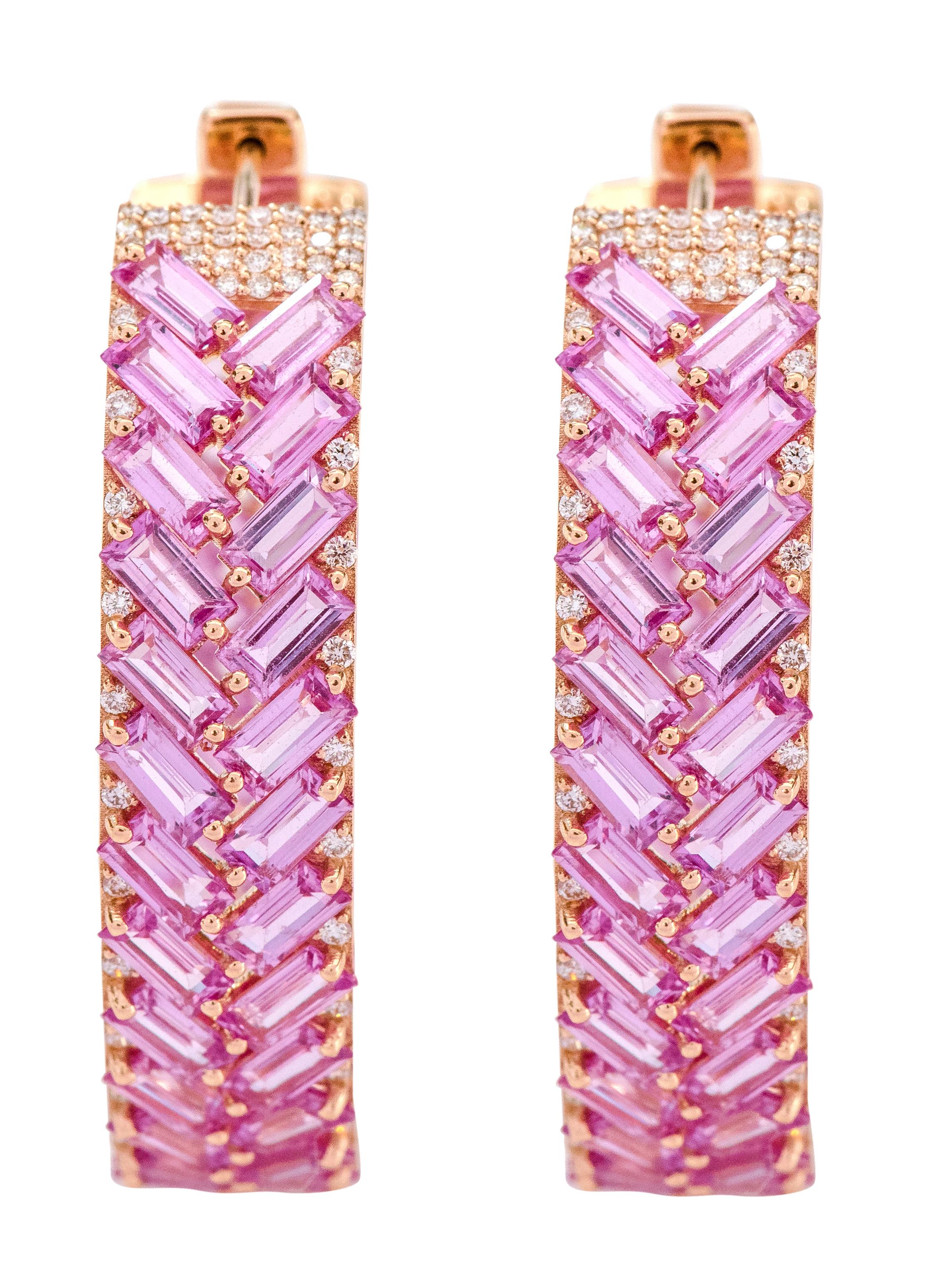 18 Karat Rose Gold 21.80 Carat Pink Sapphire and Diamond Hoop Earrings

This adorable and glamorous vibrant pink sapphire criss-cross hoop earring is extraordinary. The identically sized baguette pink sapphires are angled beautifully side by side